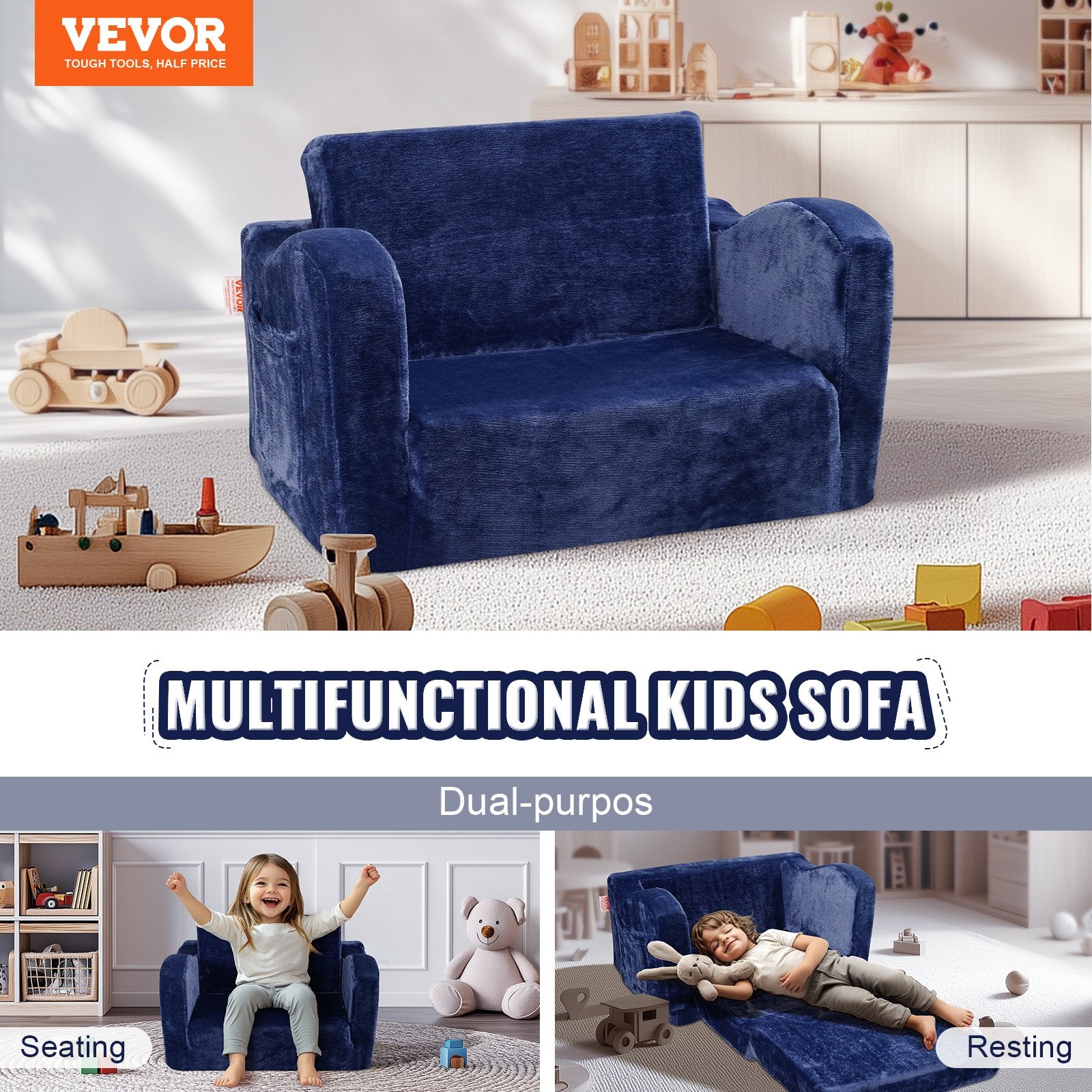 Sofas & Sofa Beds: VEVOR Baby Chair Foldable 2-in-1 Comfy Baby Lounger Couch Kids Sofa Blue