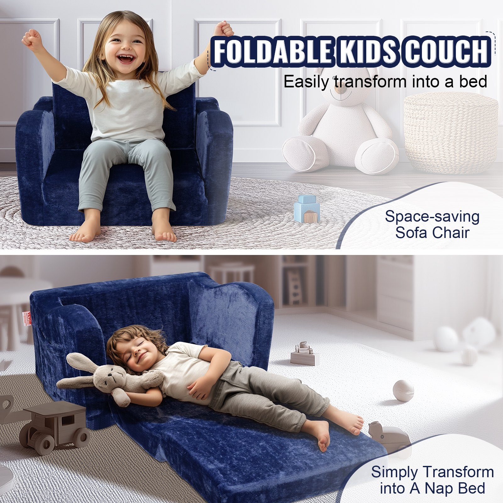 Sofas & Sofa Beds: VEVOR Baby Chair Foldable 2-in-1 Comfy Baby Lounger Couch Kids Sofa Blue