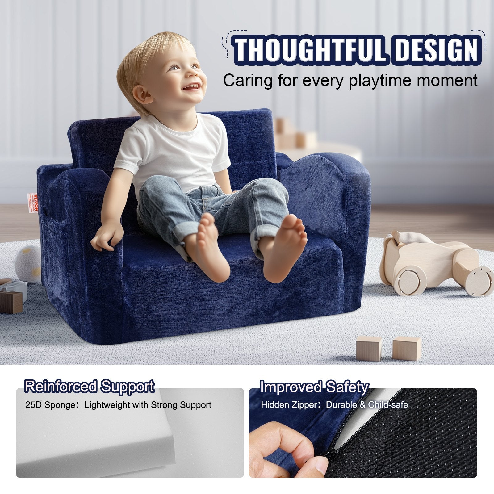 Sofas & Sofa Beds: VEVOR Baby Chair Foldable 2-in-1 Comfy Baby Lounger Couch Kids Sofa Blue