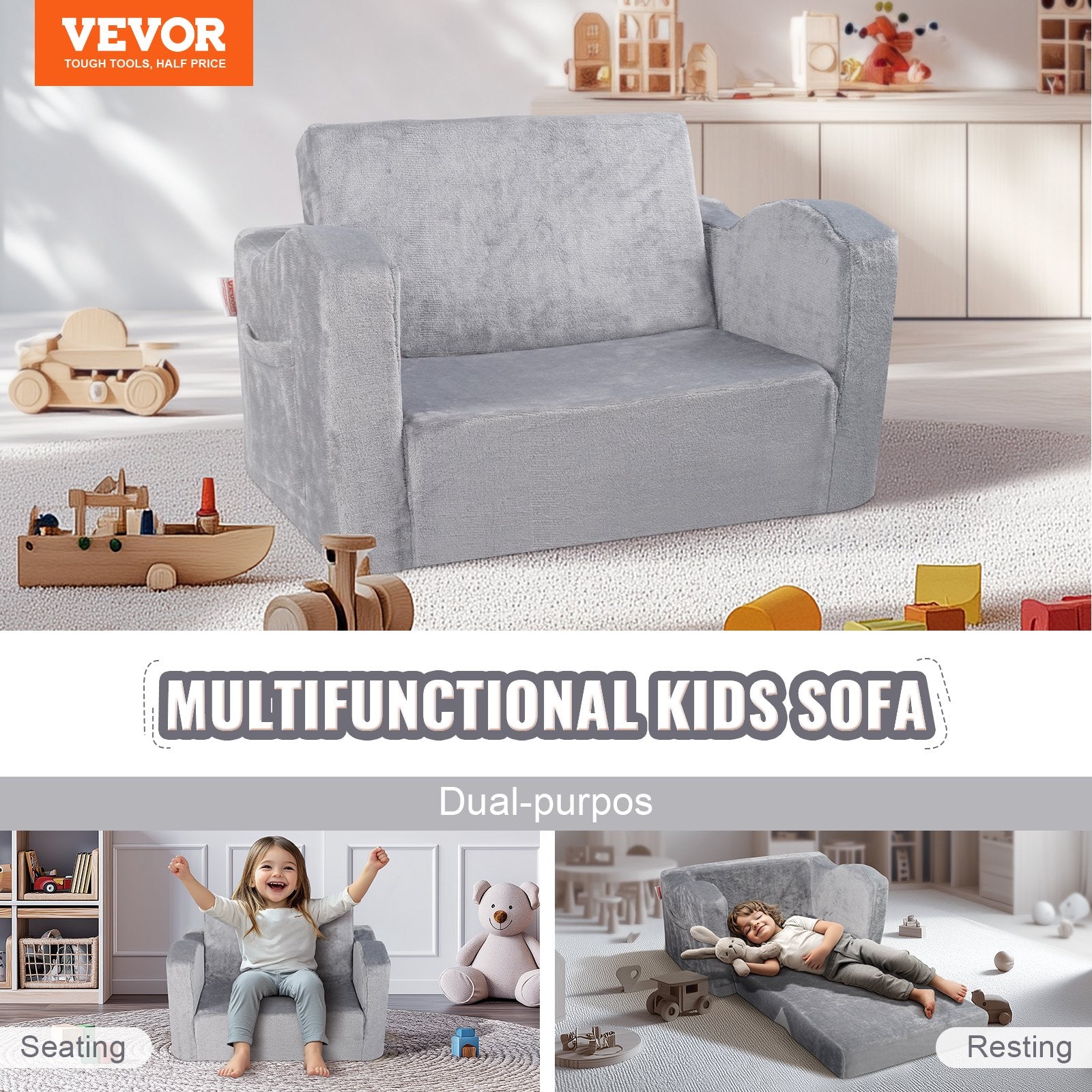 Sofas & Sofa Beds: VEVOR Baby Chair Foldable 2-in-1 Comfy Baby Lounger Couch Kids Sofa Grey