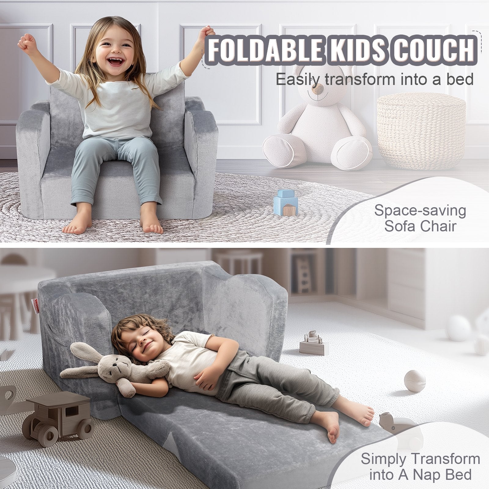 Sofas & Sofa Beds: VEVOR Baby Chair Foldable 2-in-1 Comfy Baby Lounger Couch Kids Sofa Grey