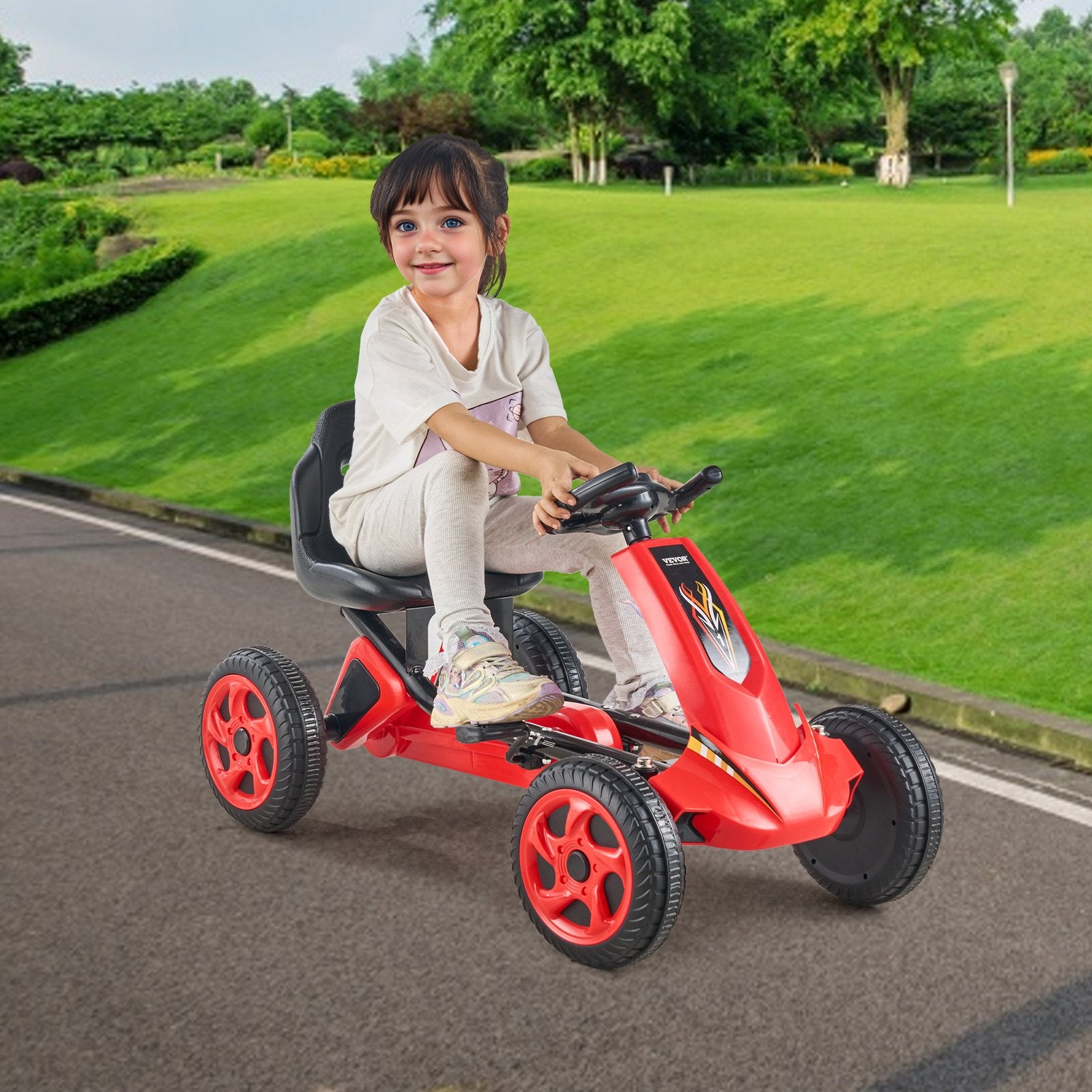 Go Kart 4 Wheel Pedal Ride On Toy for Kids Ages 3-8 Adjustable Seat Red