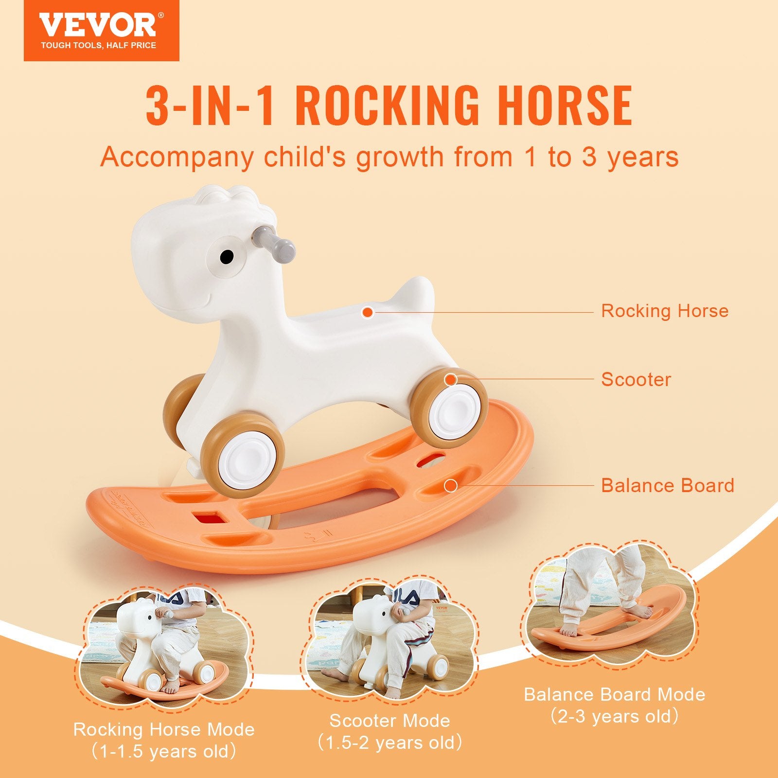 Changing Tables: VEVOR 3 in 1 Rocking Horse for Toddlers 1-3 Years, Baby Rocking Horse with Detachable Balance Board and 4 Smooth Wheels, Support up to 80 lbs HDPE Material Kids Ride on Toy, Swinging, Orange