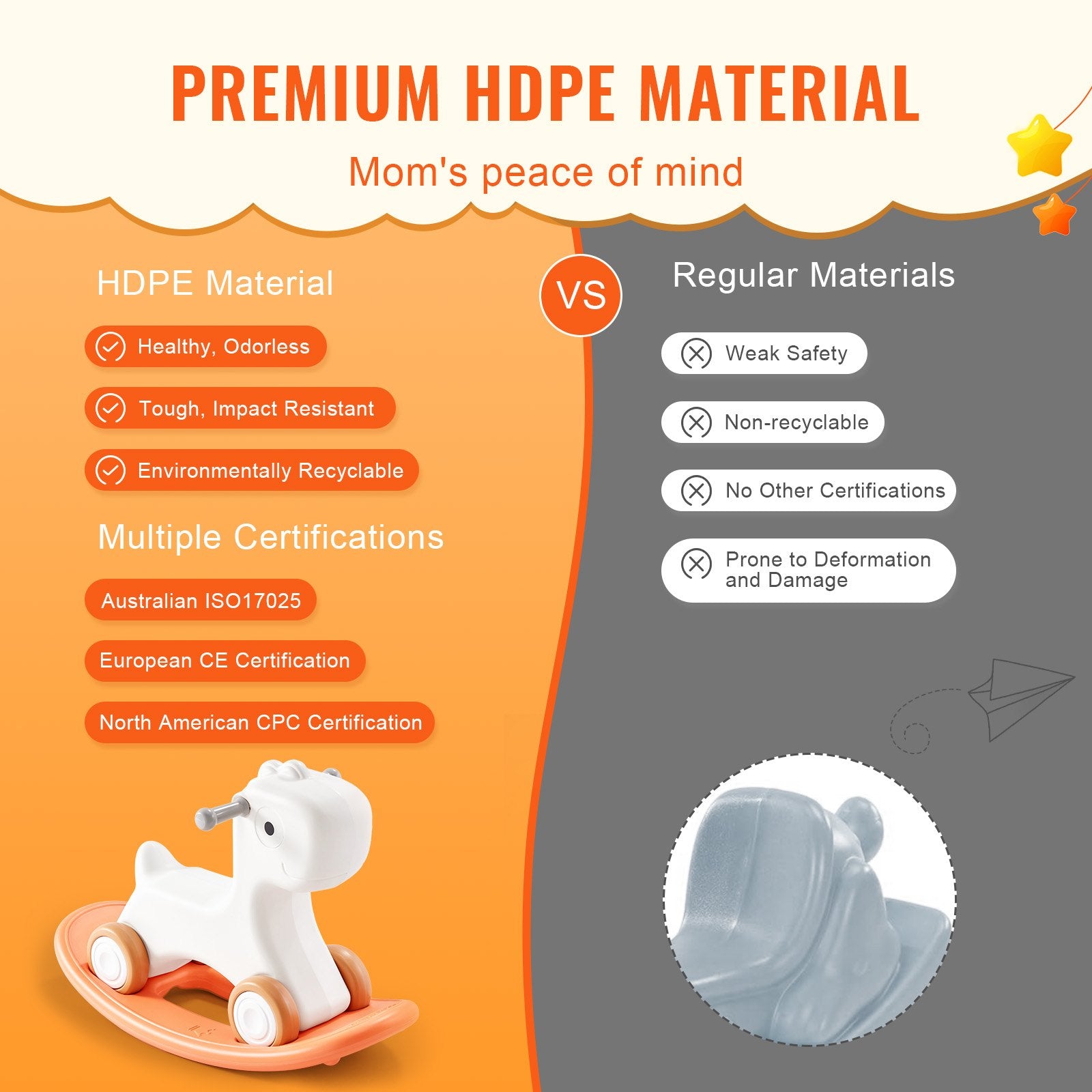 Changing Tables: VEVOR 3 in 1 Rocking Horse for Toddlers 1-3 Years, Baby Rocking Horse with Detachable Balance Board and 4 Smooth Wheels, Support up to 80 lbs HDPE Material Kids Ride on Toy, Swinging, Orange