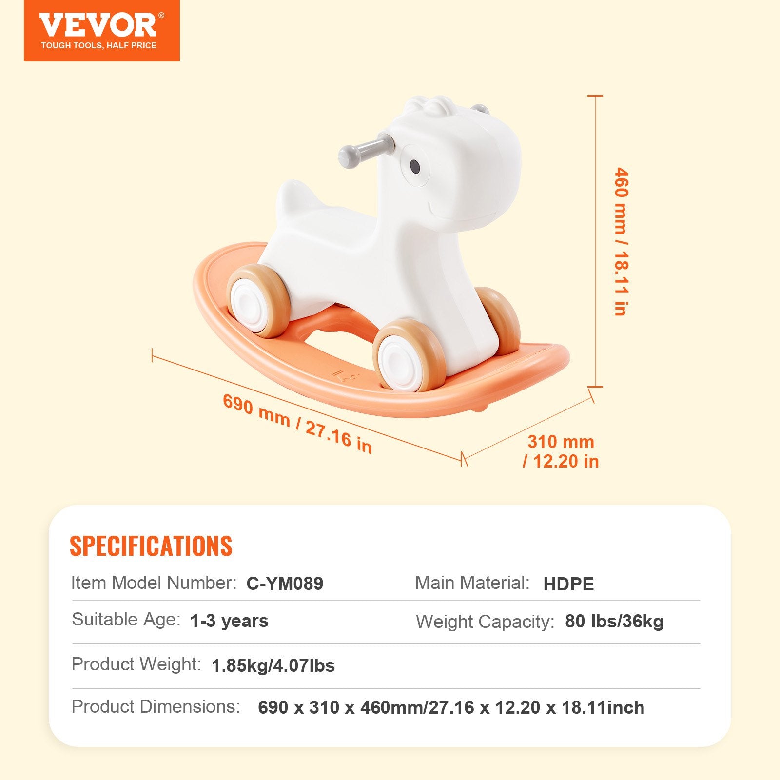 Changing Tables: VEVOR 3 in 1 Rocking Horse for Toddlers 1-3 Years, Baby Rocking Horse with Detachable Balance Board and 4 Smooth Wheels, Support up to 80 lbs HDPE Material Kids Ride on Toy, Swinging, Orange