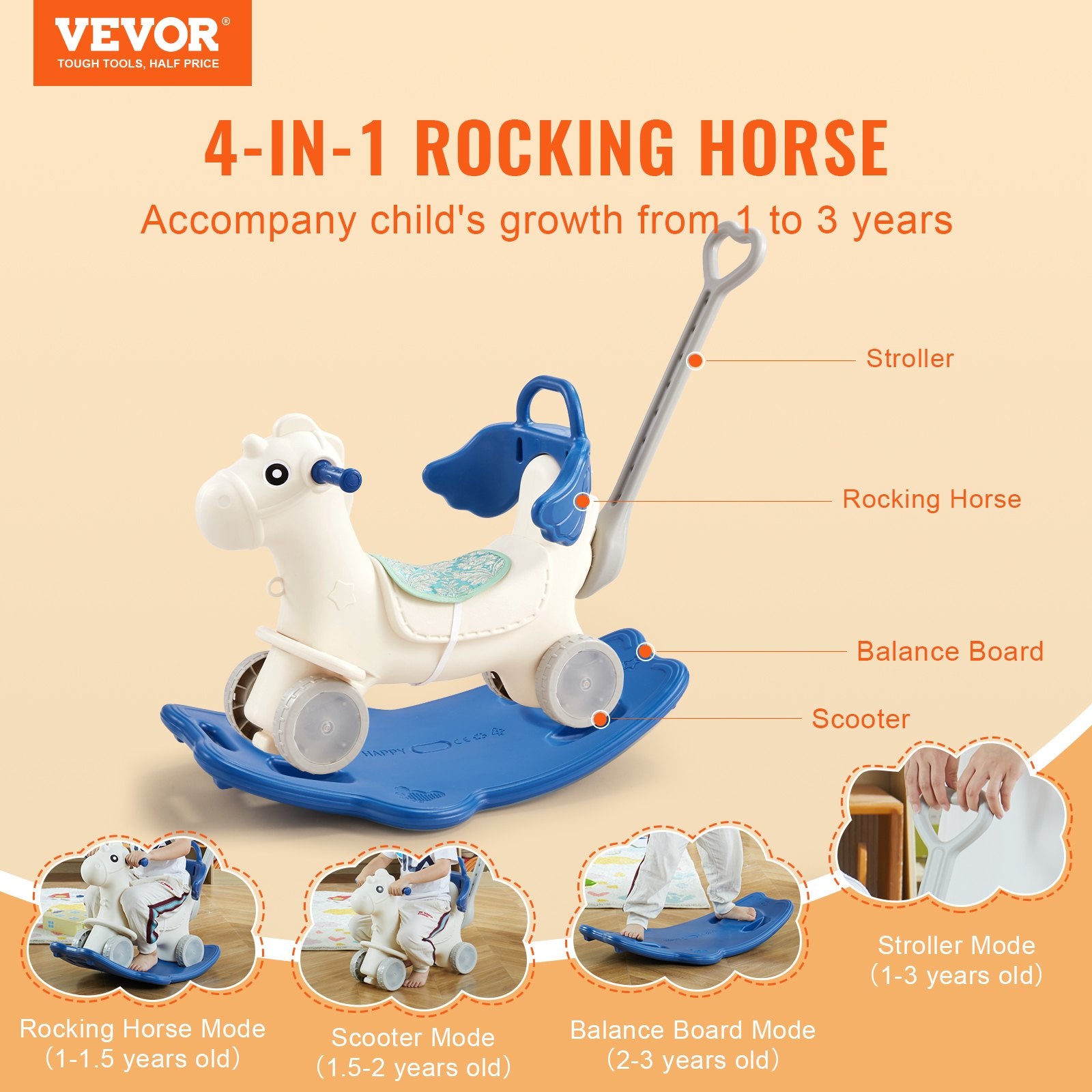 Ride On Cars: VEVOR 4 in 1 Rocking Horse for Toddlers 1-3 Years, Baby Rocking Horse with Detachable Balance Board, Push Handle and 4 Smooth Wheels, Support up to 80 lbs HDPE Kids Ride on Toy with Sound, Blue