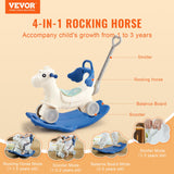Ride On Cars: VEVOR 4 in 1 Rocking Horse for Toddlers 1-3 Years, Baby Rocking Horse with Detachable Balance Board, Push Handle and 4 Smooth Wheels, Support up to 80 lbs HDPE Kids Ride on Toy with Sound, Blue