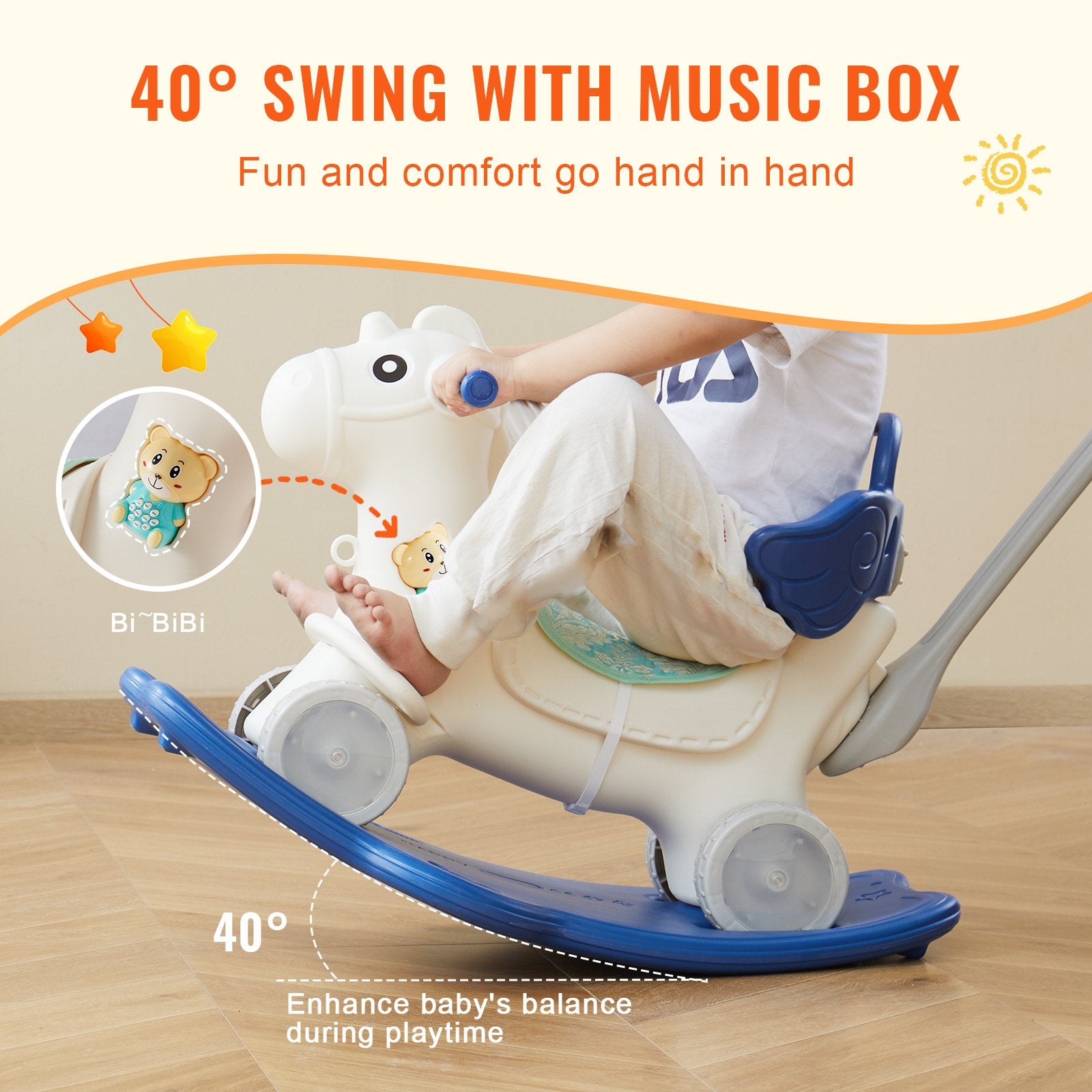 Ride On Cars: VEVOR 4 in 1 Rocking Horse for Toddlers 1-3 Years, Baby Rocking Horse with Detachable Balance Board, Push Handle and 4 Smooth Wheels, Support up to 80 lbs HDPE Kids Ride on Toy with Sound, Blue