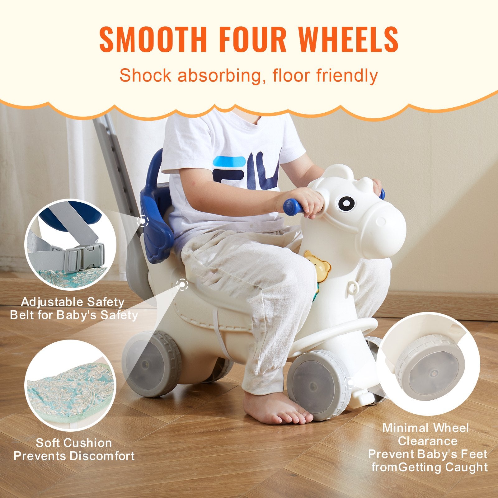 Ride On Cars: VEVOR 4 in 1 Rocking Horse for Toddlers 1-3 Years, Baby Rocking Horse with Detachable Balance Board, Push Handle and 4 Smooth Wheels, Support up to 80 lbs HDPE Kids Ride on Toy with Sound, Blue
