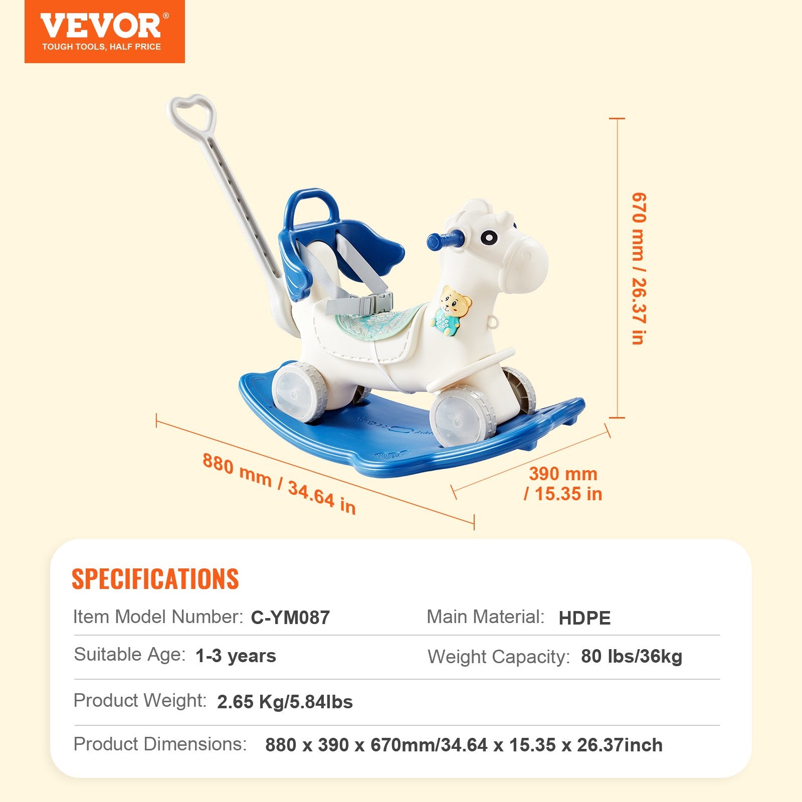 Ride On Cars: VEVOR 4 in 1 Rocking Horse for Toddlers 1-3 Years, Baby Rocking Horse with Detachable Balance Board, Push Handle and 4 Smooth Wheels, Support up to 80 lbs HDPE Kids Ride on Toy with Sound, Blue