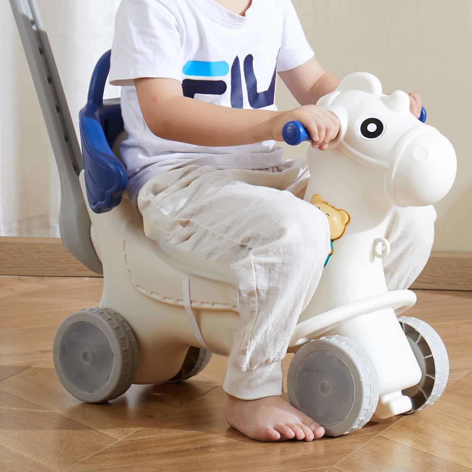 Ride On Cars: VEVOR 4 in 1 Rocking Horse for Toddlers 1-3 Years, Baby Rocking Horse with Detachable Balance Board, Push Handle and 4 Smooth Wheels, Support up to 80 lbs HDPE Kids Ride on Toy with Sound, Blue