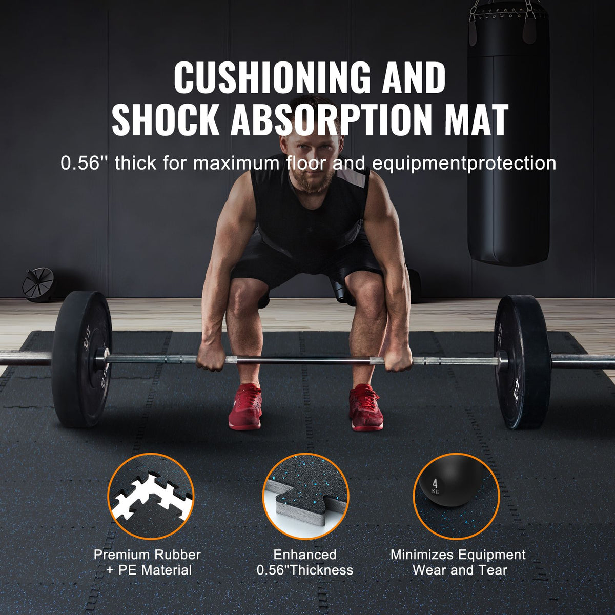 0.56 Inch Thick Gym Floor Mats, 6 Tiles Rubber Top with EVA Foam, 25" x 25" Gym Flooring Workout Mats with 25 sq.ft Coverage, Interlocking Puzzle Gym Mats for Gym, Home, Garage, Black & Blue