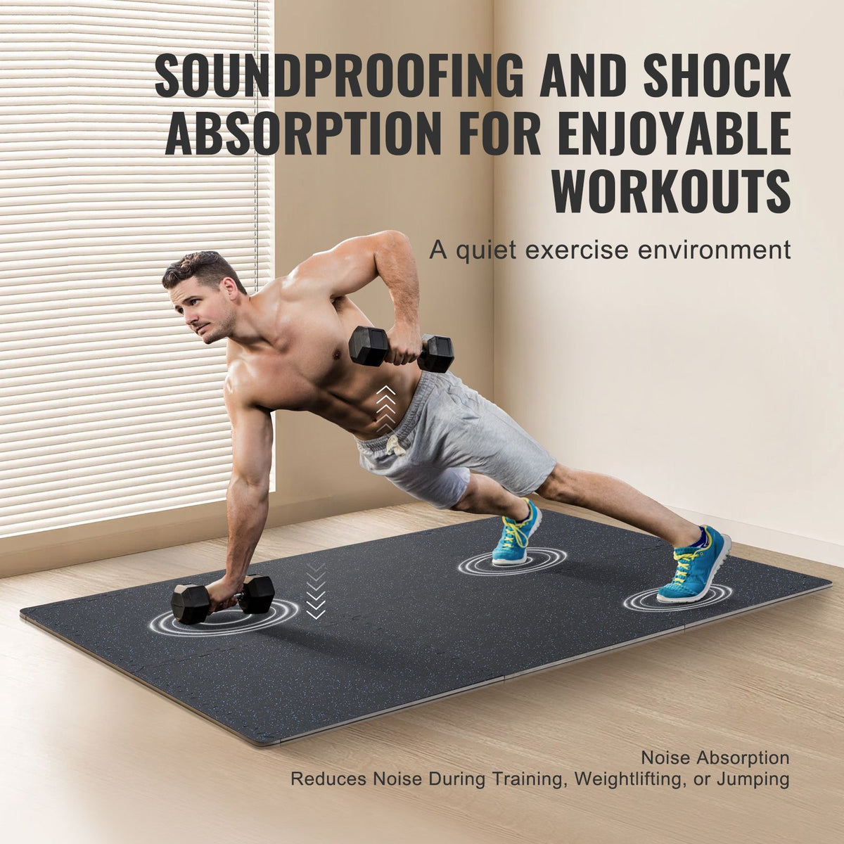 0.56 Inch Thick Gym Floor Mats, 6 Tiles Rubber Top with EVA Foam, 25" x 25" Gym Flooring Workout Mats with 25 sq.ft Coverage, Interlocking Puzzle Gym Mats for Gym, Home, Garage, Black & Blue