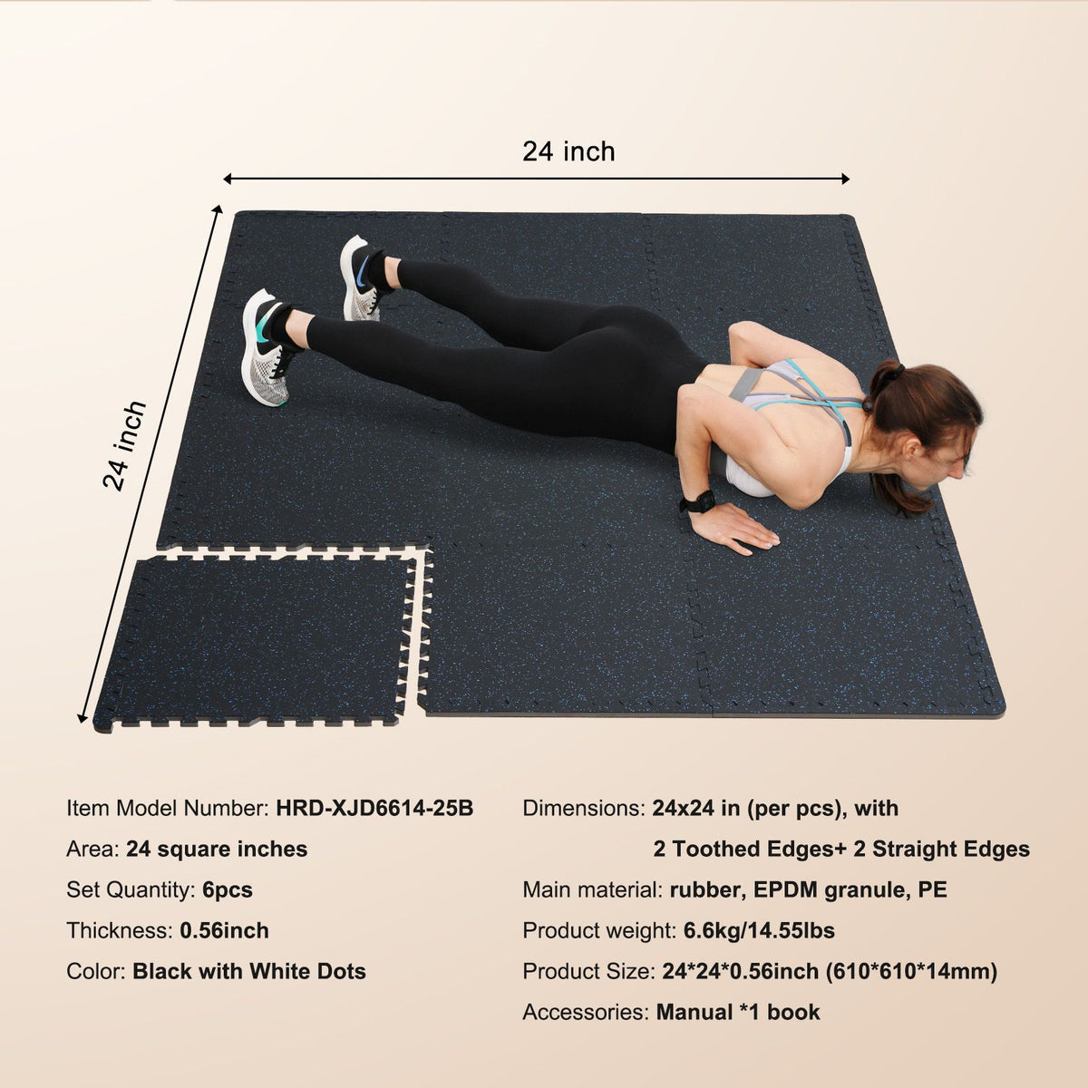0.56 Inch Thick Gym Floor Mats, 6 Tiles Rubber Top with EVA Foam, 25" x 25" Gym Flooring Workout Mats with 25 sq.ft Coverage, Interlocking Puzzle Gym Mats for Gym, Home, Garage, Black & Blue