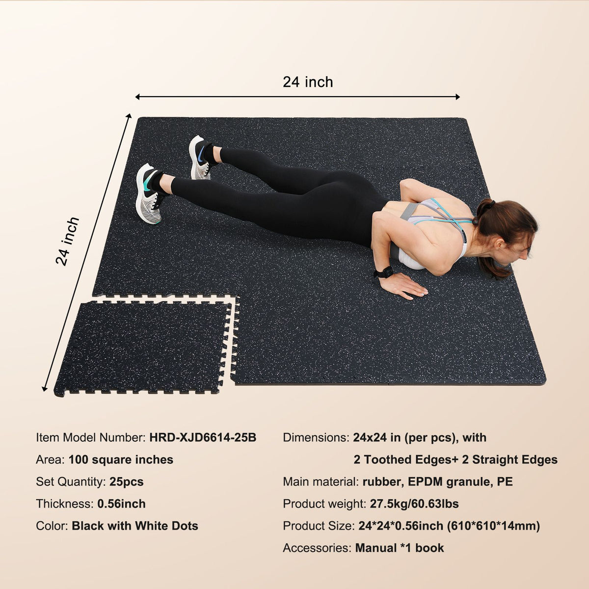 0.56 Inch Thick Gym Floor Mats, 25 Tiles Rubber Top with EVA Foam, 25" x 25" Gym Flooring Workout Mats with 100sq.ft Coverage, Interlocking Puzzle Gym Mats for Gym, Home, Garage, Black & White