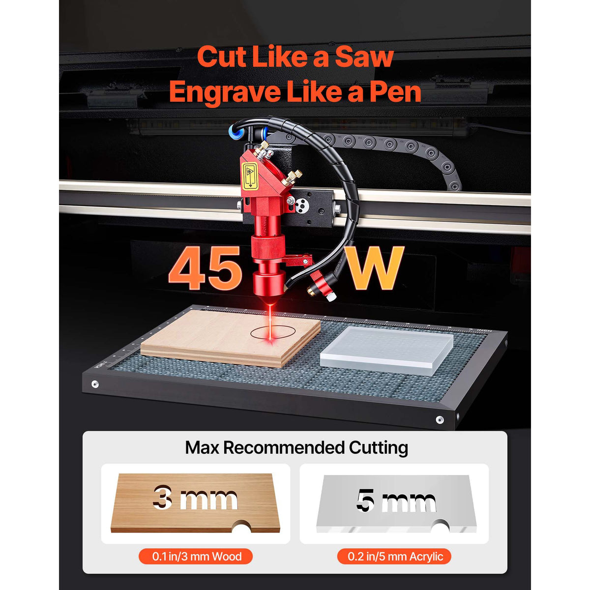 45W CO2 Laser Engraver, 300 x 200 mm, Desktop CO2 Laser Engraver Cutter Machine with Rotary Axis, Air Assist, Engraving Machine Compatible with LightBurn CorelDRAW GRBL, for Wood Acrylic Glass