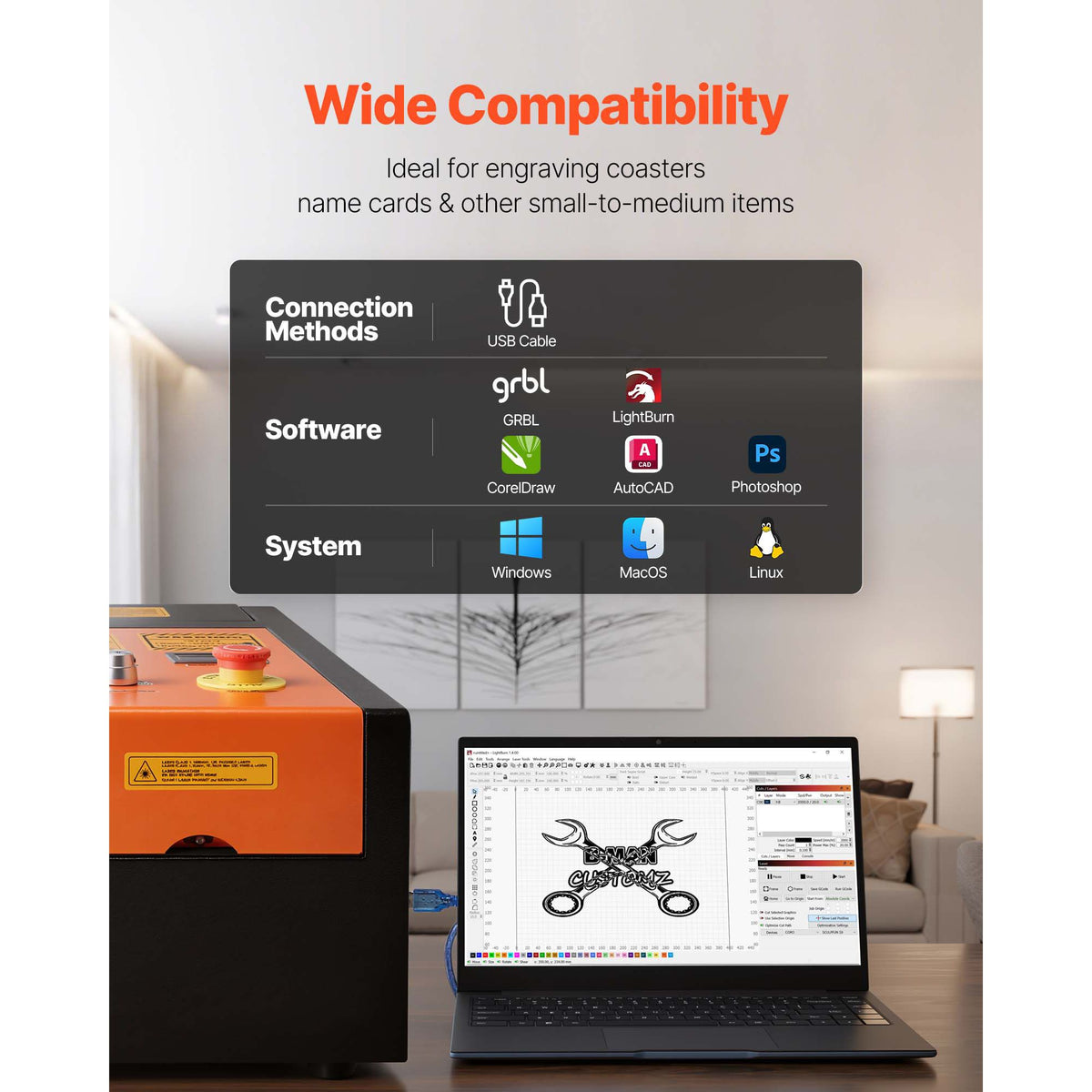 45W CO2 Laser Engraver, 300 x 200 mm, Desktop CO2 Laser Engraver Cutter Machine with Rotary Axis, Air Assist, Engraving Machine Compatible with LightBurn CorelDRAW GRBL, for Wood Acrylic Glass