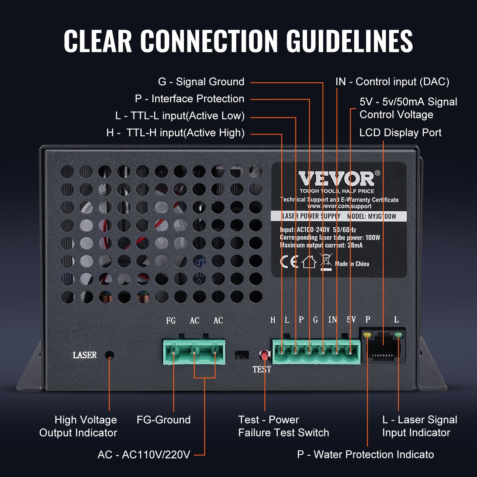 Desktops & Accessories: VEVOR CO2 Laser Power Supply, 100W, Power Supply for 100W Laser Tube, Constant Current Protection, Open Circuit Protection, Fast Heat Dissipation, Compatible for Multi-brand Laser Engravers & Cutters