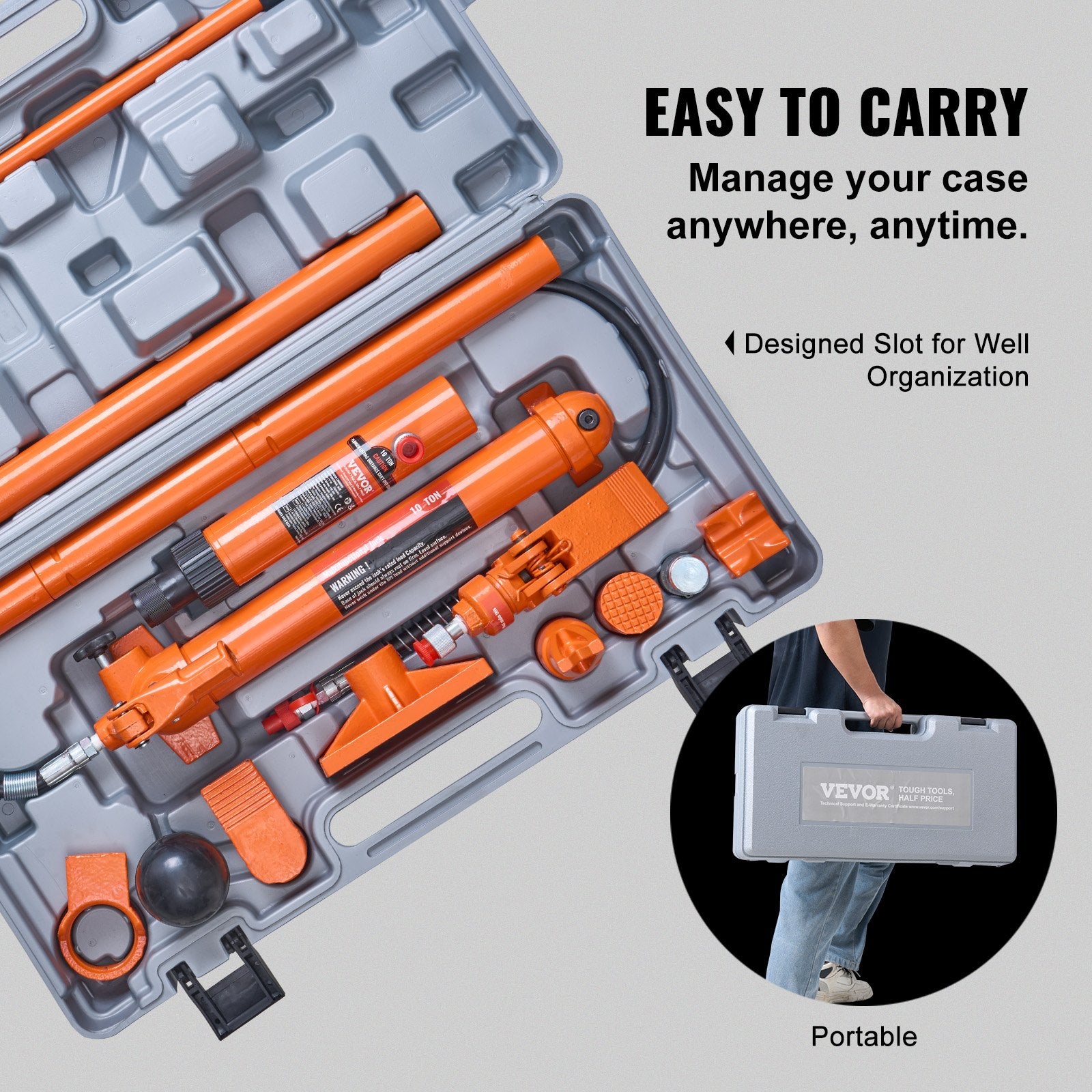 10 Ton Porta Power Kit, Portable Hydraulic Jack with 4.6 ft/1.4 m Oil Hose, Auto Body Frame Repair Kit with Storage Case for Car Repair, Truck, Farm