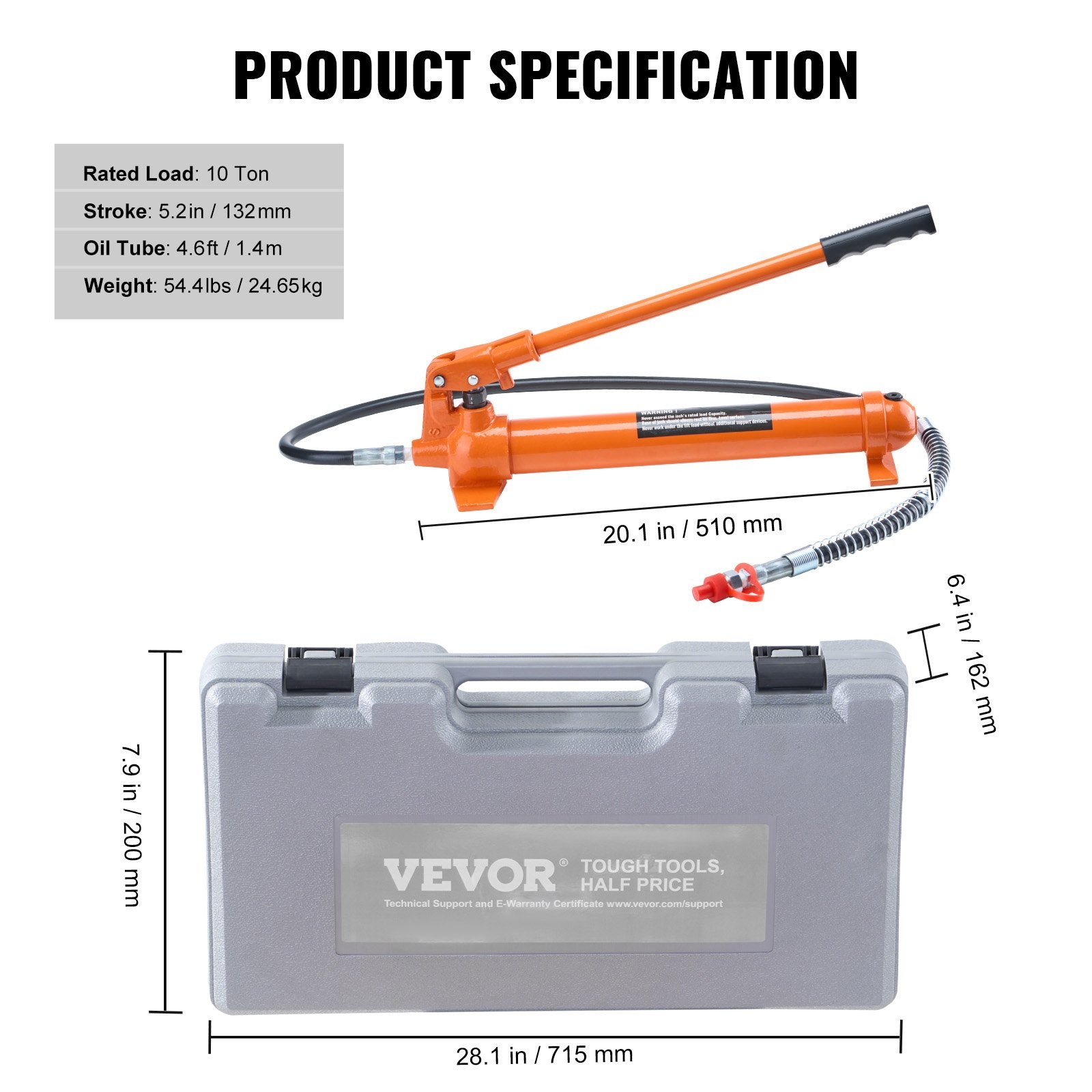 10 Ton Porta Power Kit, Portable Hydraulic Jack with 4.6 ft/1.4 m Oil Hose, Auto Body Frame Repair Kit with Storage Case for Car Repair, Truck, Farm