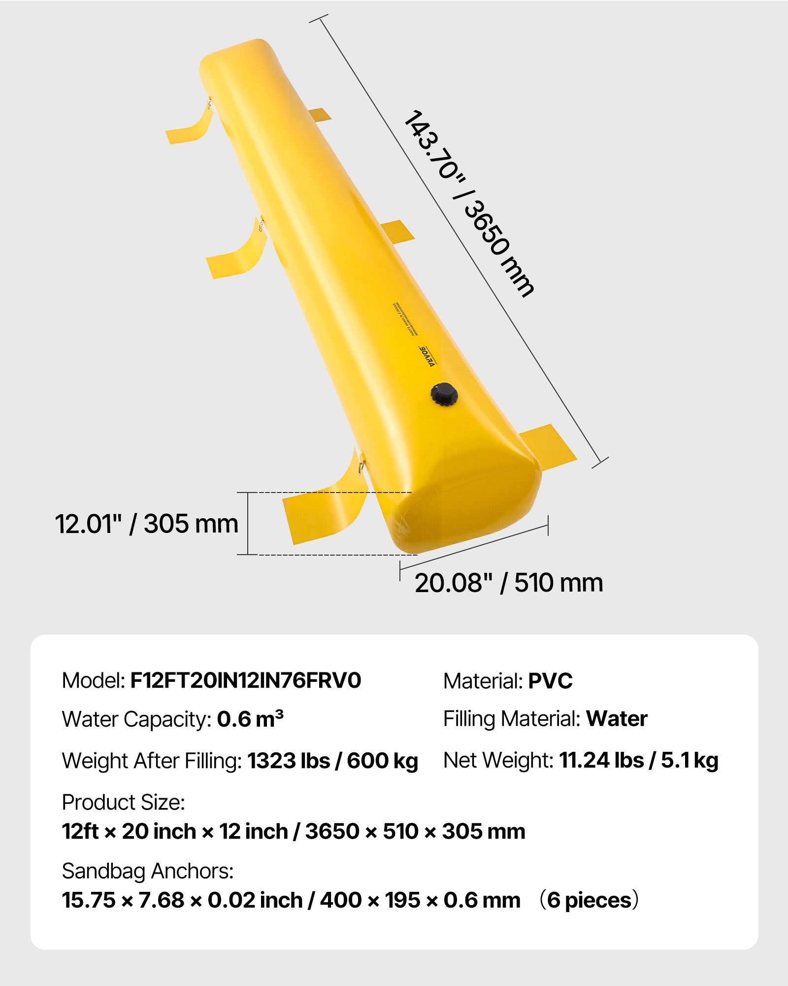 Traffic Control & Parking Tools: VEVOR Flood Barrier Hydro Barrier 12' Length x 12" Height for Water Diversion
