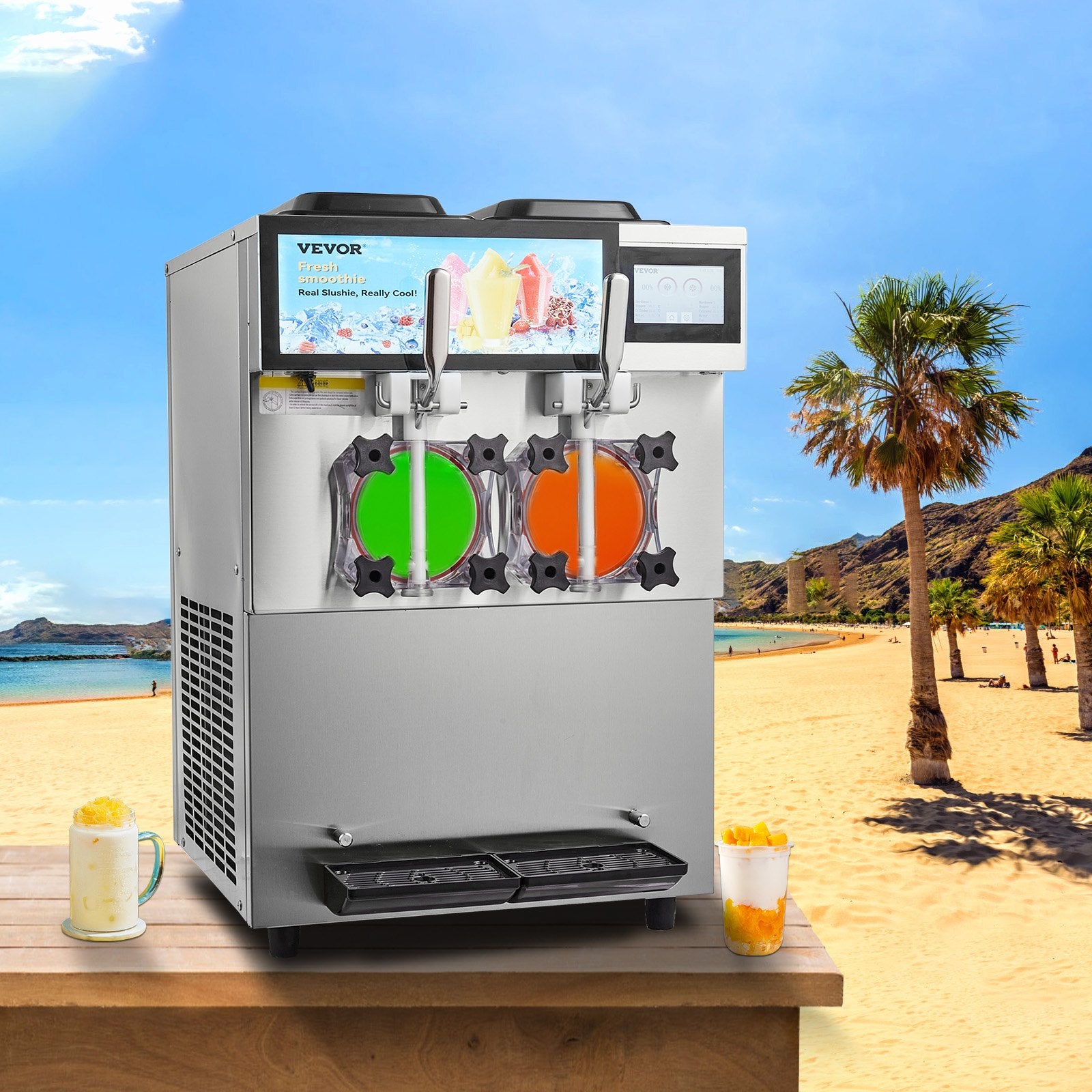 Commercial Slushy Machine, 2 x 12L / 3.17 Gal Double Tanks, Cool and Freeze Modes, Stainless Steel Margarita Smoothie Frozen Drink Maker, Slushie Machine for Party Cafes Restaurants Bars Home