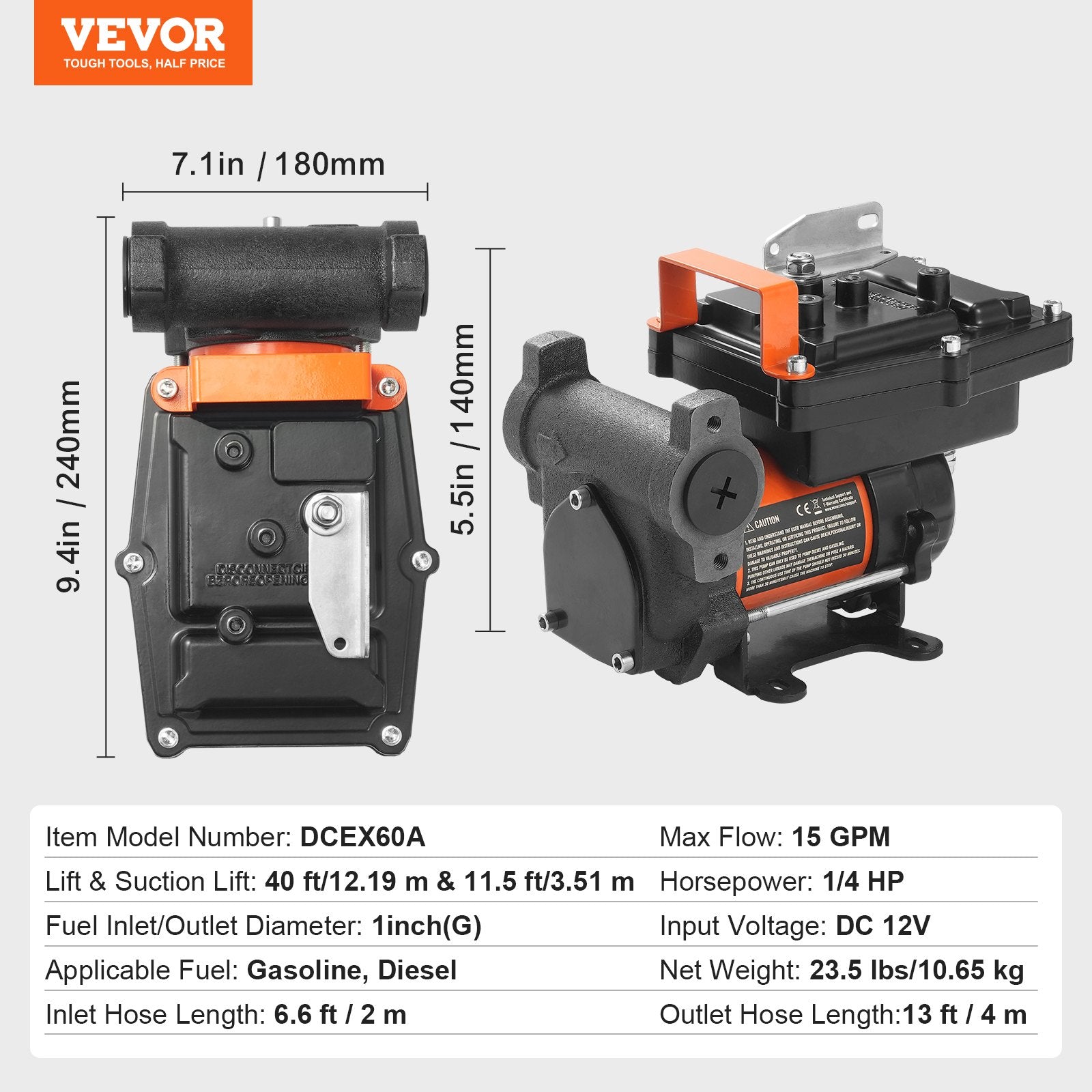 Fuel & Exhaust: VEVOR Fuel Transfer Pump 12V 15 GPM 1/4 HP Diesel Pump with Auto Fuel Nozzle