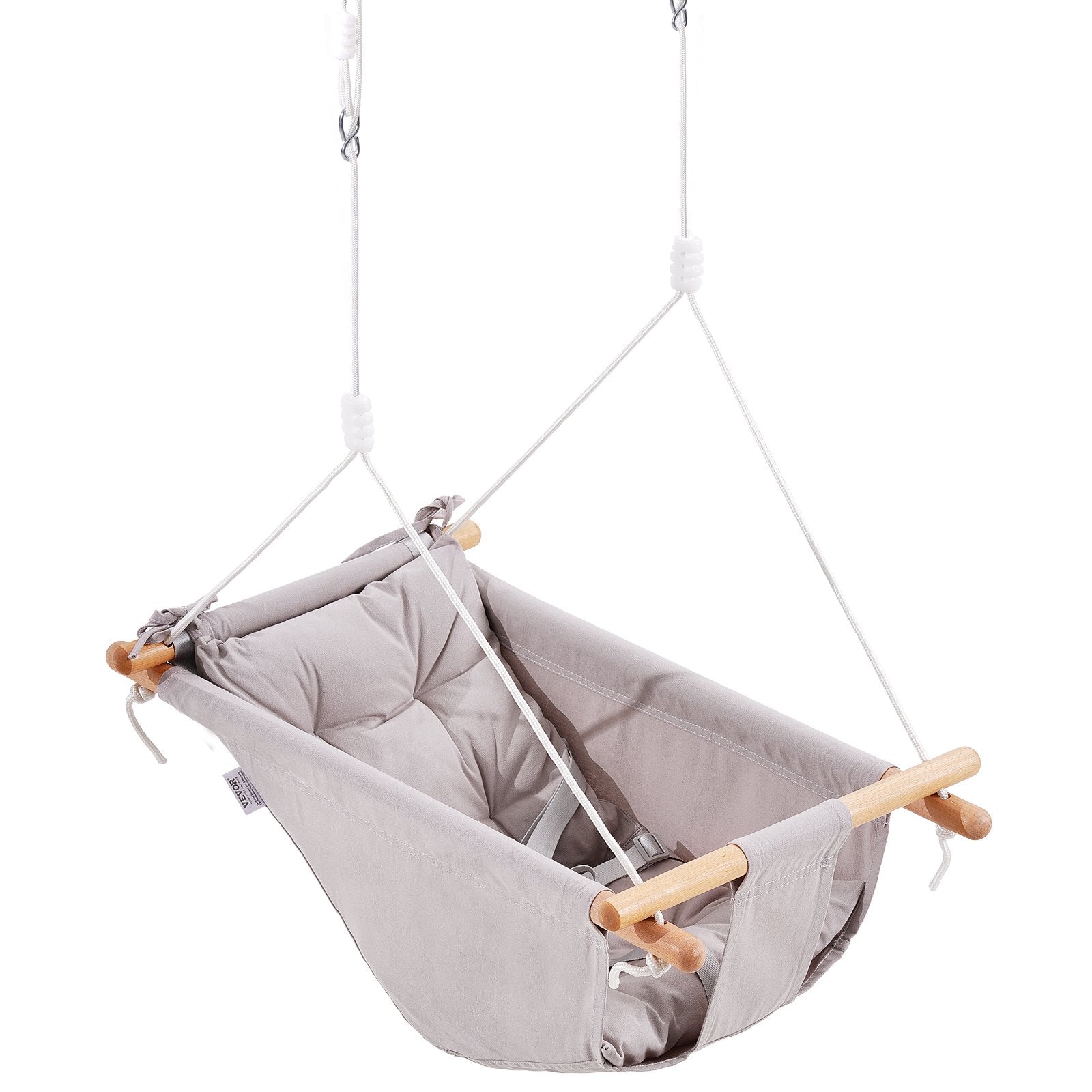 Canvas Hammock Swing, 3 Modes Baby Swing Indoor and Outdoor with 5-Point Harness, and Tree Straps, 150lbs Weight Capacity, Integrated Cushion, Wooden Hanging Swing Seat for Baby to Toddler