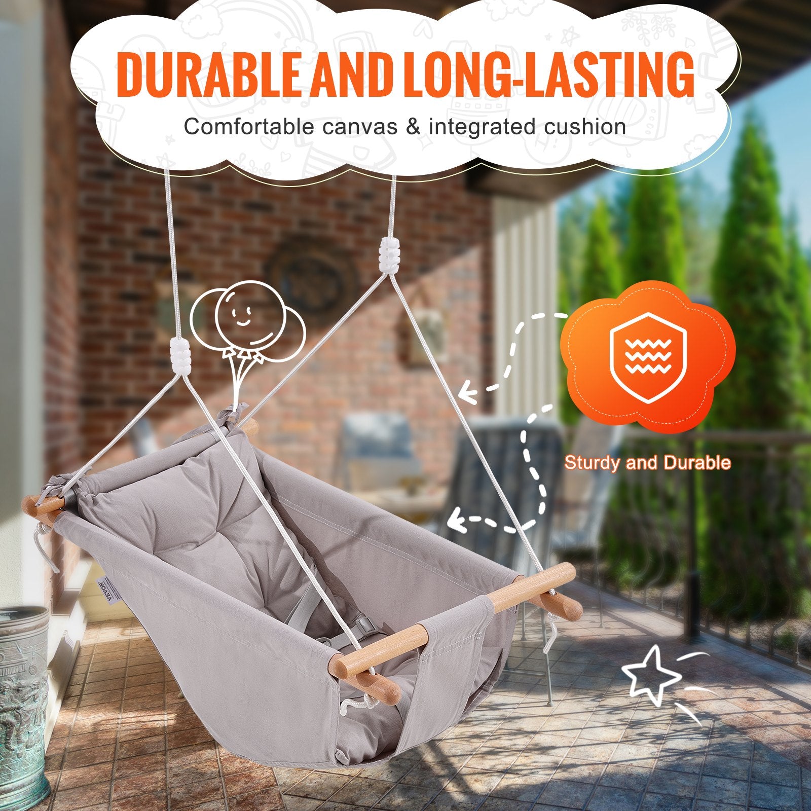 Canvas Hammock Swing, 3 Modes Baby Swing Indoor and Outdoor with 5-Point Harness, and Tree Straps, 150lbs Weight Capacity, Integrated Cushion, Wooden Hanging Swing Seat for Baby to Toddler
