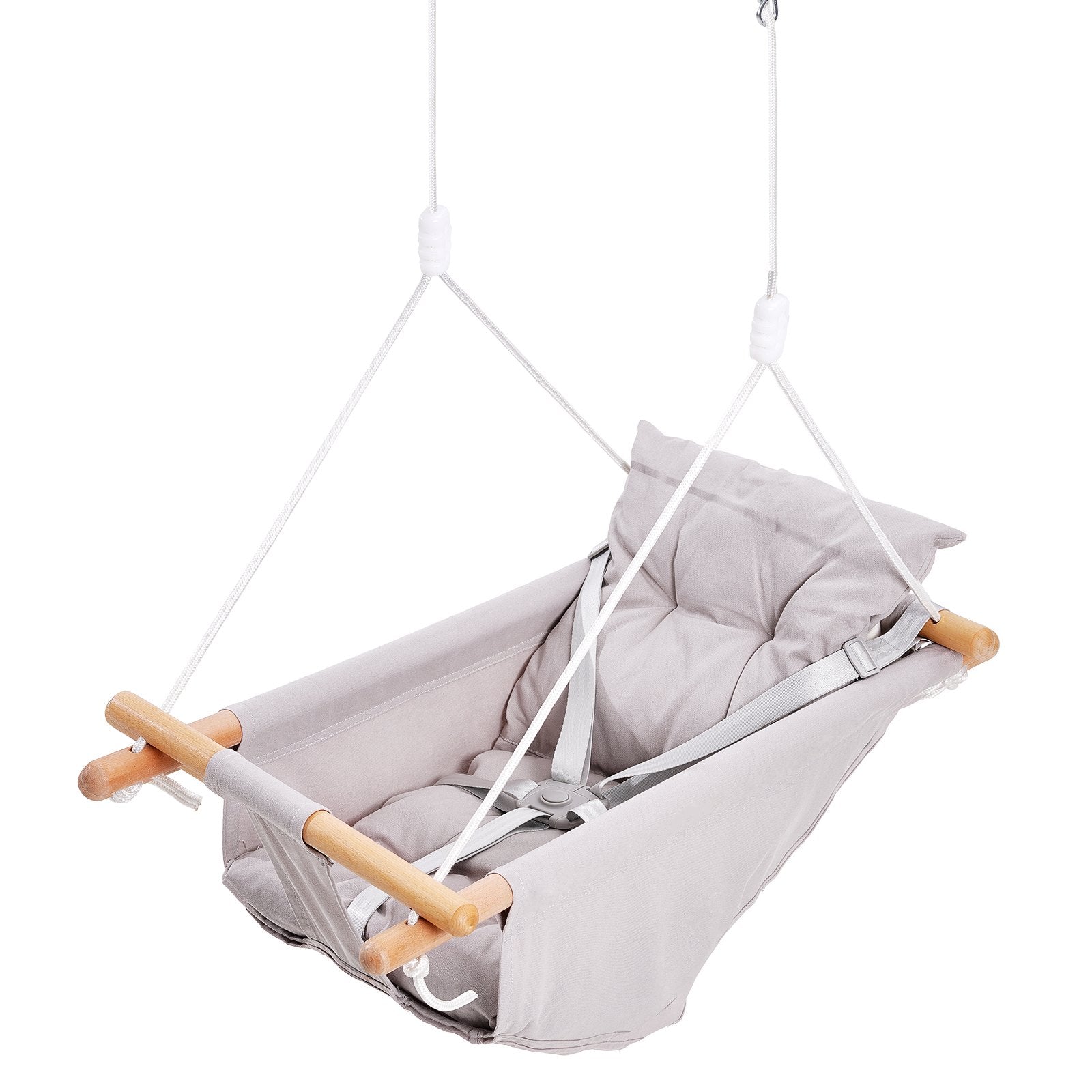 Canvas Hammock Swing, 3 Modes Baby Swing Indoor and Outdoor with 5-Point Harness, and Tree Straps, 150lbs Weight Capacity, Integrated Cushion, Wooden Hanging Swing Seat for Baby to Toddler