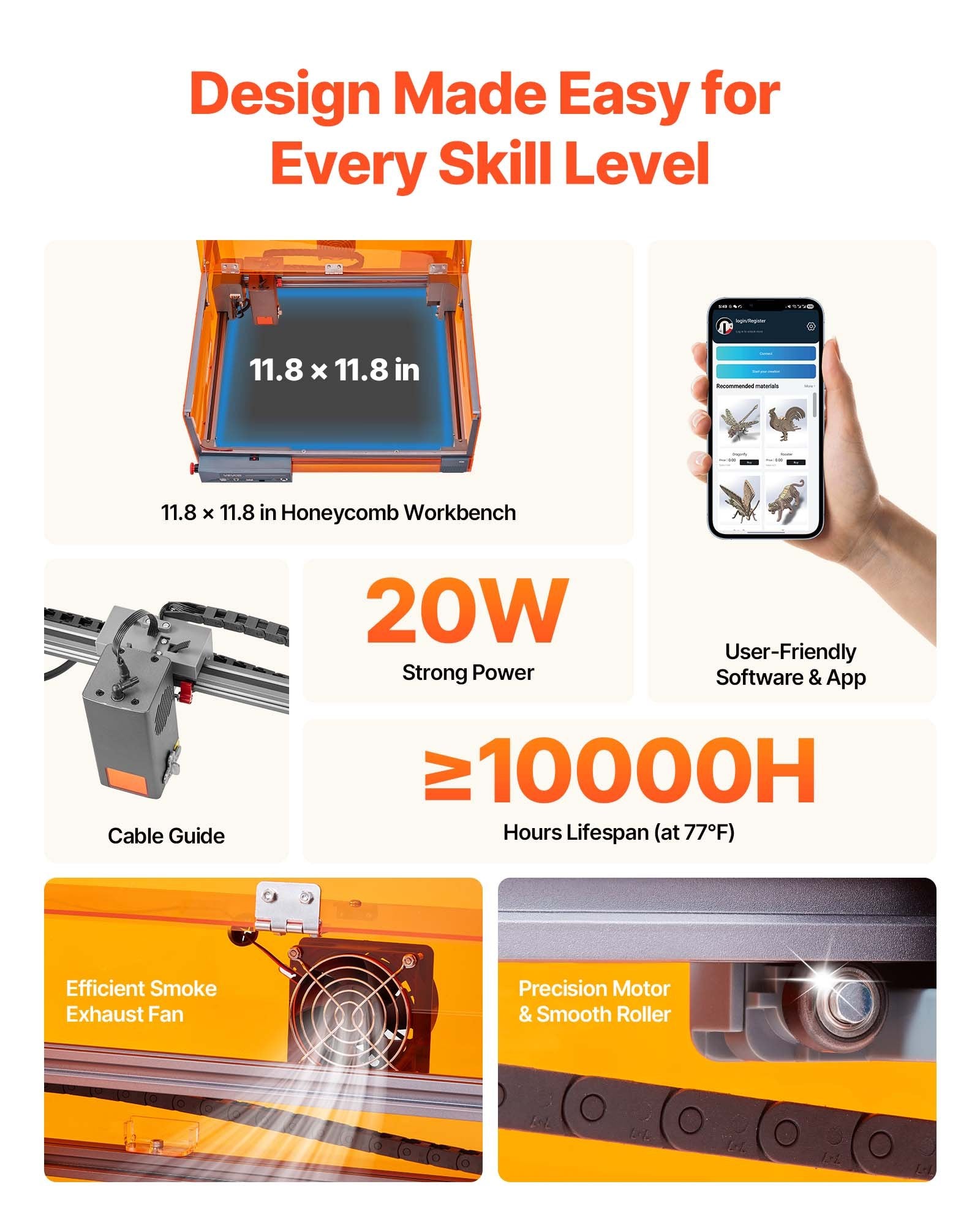 Camping Lights & Lanterns: VEVOR Laser Engraver, 20W, Laser Engraving and Cutting Machine with Enclosure, Laser Cutter Engraver Machine, 7000 mm/min, 300 x 300 mm Working Area, for Wood, Leather, Glass, Certain Metal, Class 1