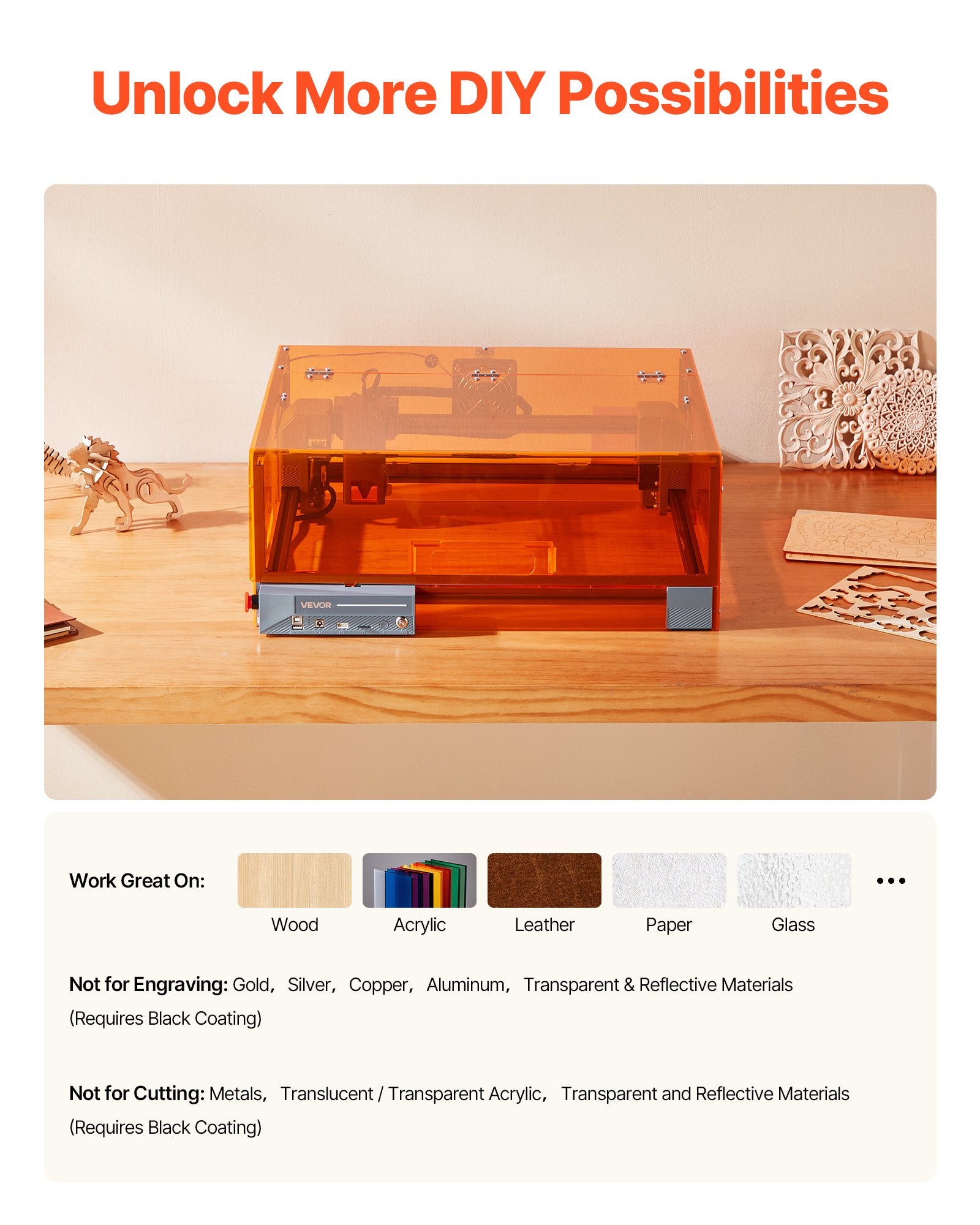 Camping Lights & Lanterns: VEVOR Laser Engraver, 20W, Laser Engraving and Cutting Machine with Enclosure, Laser Cutter Engraver Machine, 7000 mm/min, 300 x 300 mm Working Area, for Wood, Leather, Glass, Certain Metal, Class 1