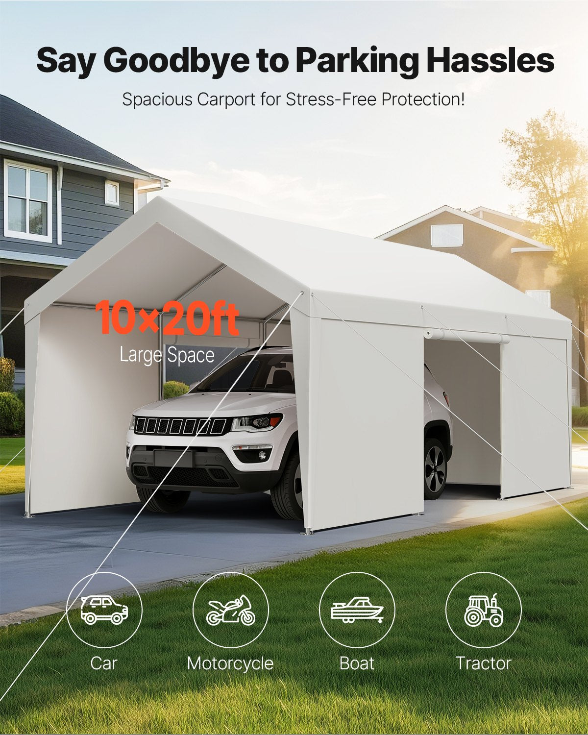 Canopies & Gazebos: VEVOR Carport Car Canopy 10x20FT Heavy Duty Car Shelter with Sidewalls White