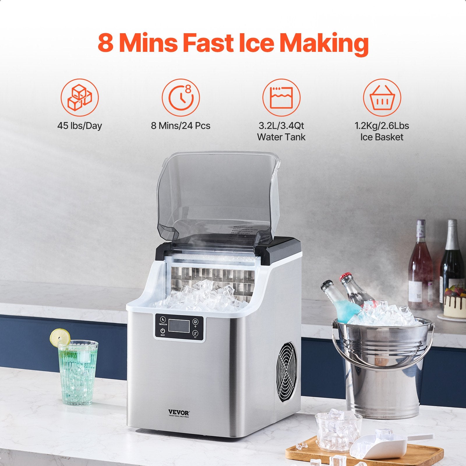 Fish Food: VEVOR Portable Countertop Ice Maker 45Lbs/24H Self-Cleaning with Scoop Basket