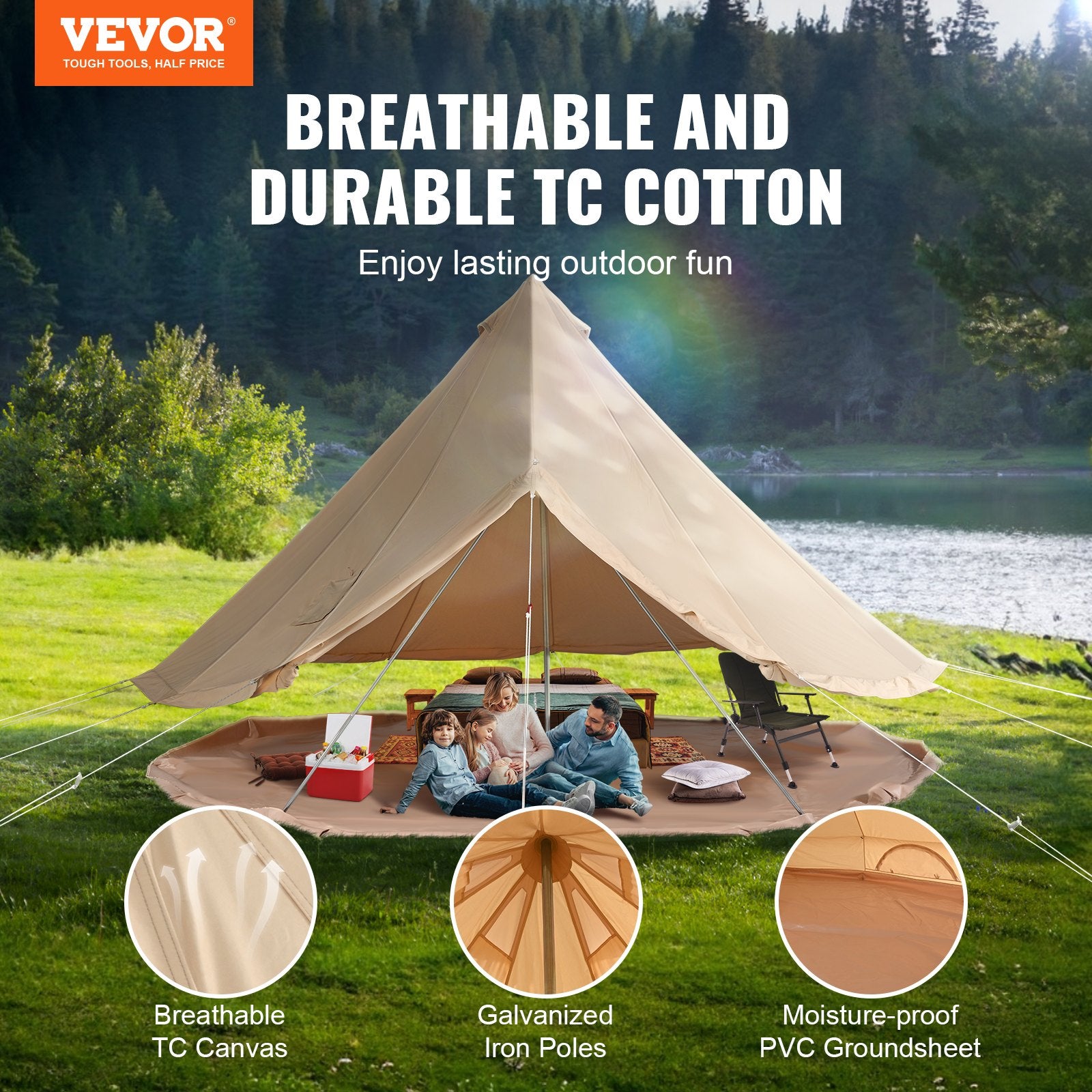 Tents: VEVOR Canvas Bell Tent 3m/9.8ft 4-Season Canvas Tent for Camping with Stove Jack