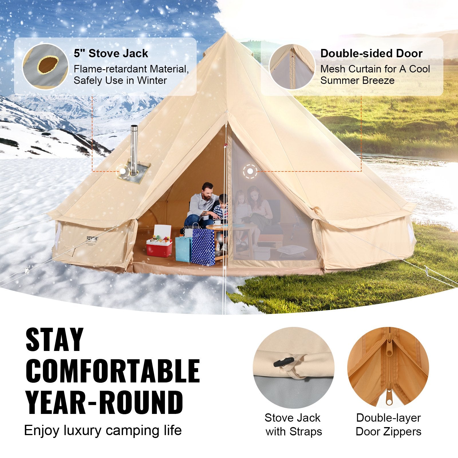 Tents: VEVOR Canvas Bell Tent 3m/9.8ft 4-Season Canvas Tent for Camping with Stove Jack