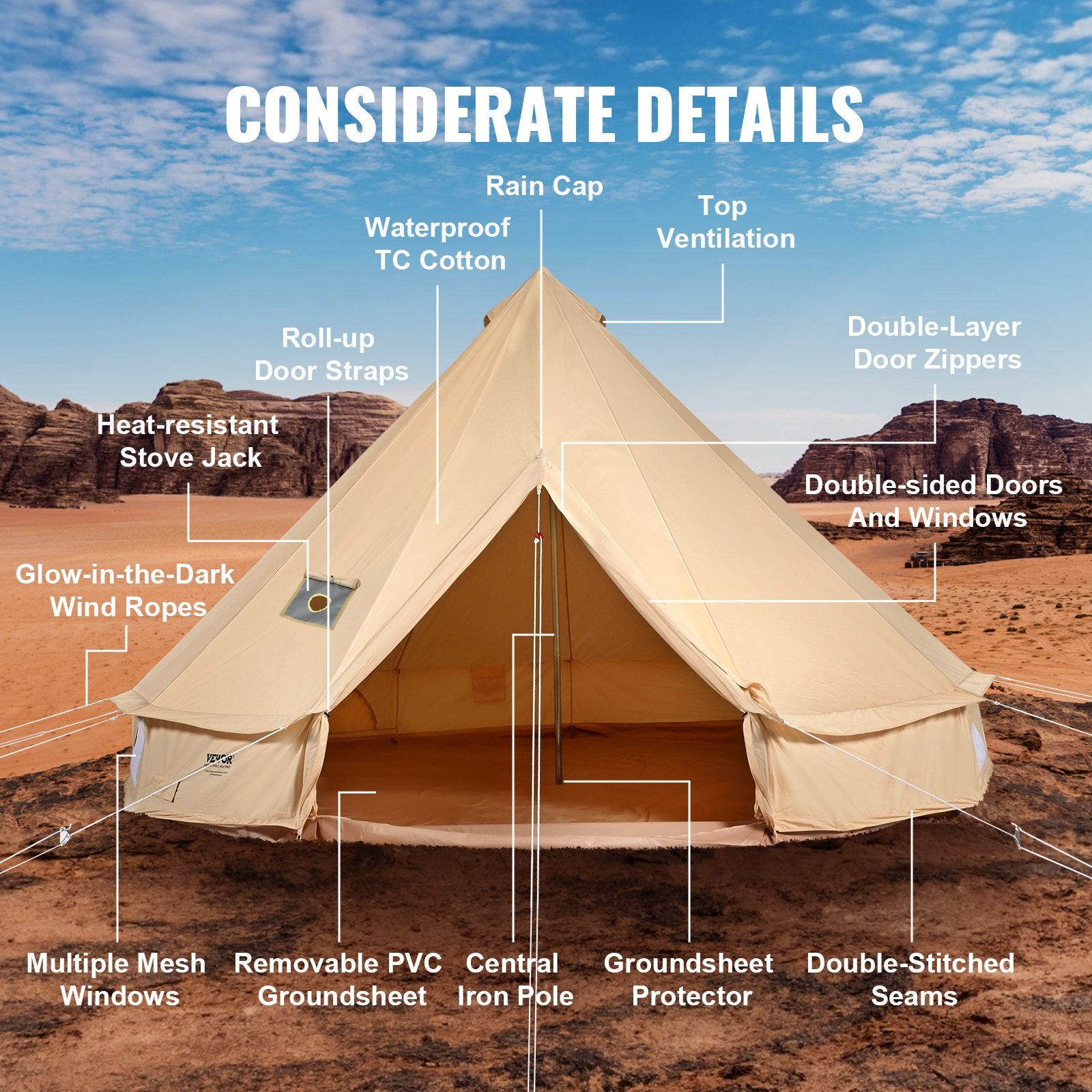 Tents: VEVOR Canvas Bell Tent 3m/9.8ft 4-Season Canvas Tent for Camping with Stove Jack