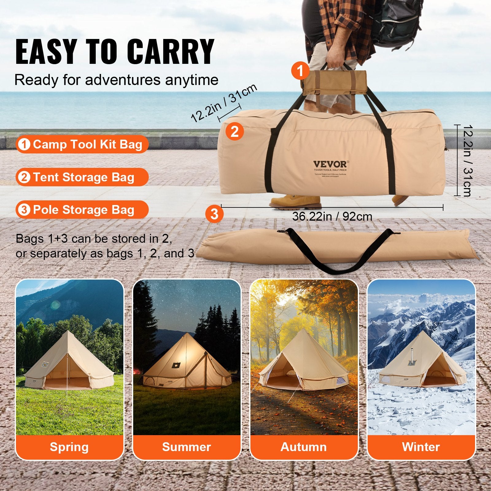 Tents: VEVOR Canvas Bell Tent 4m/13.12ft 4-Season Camping Yurt Tent with Stove Jack