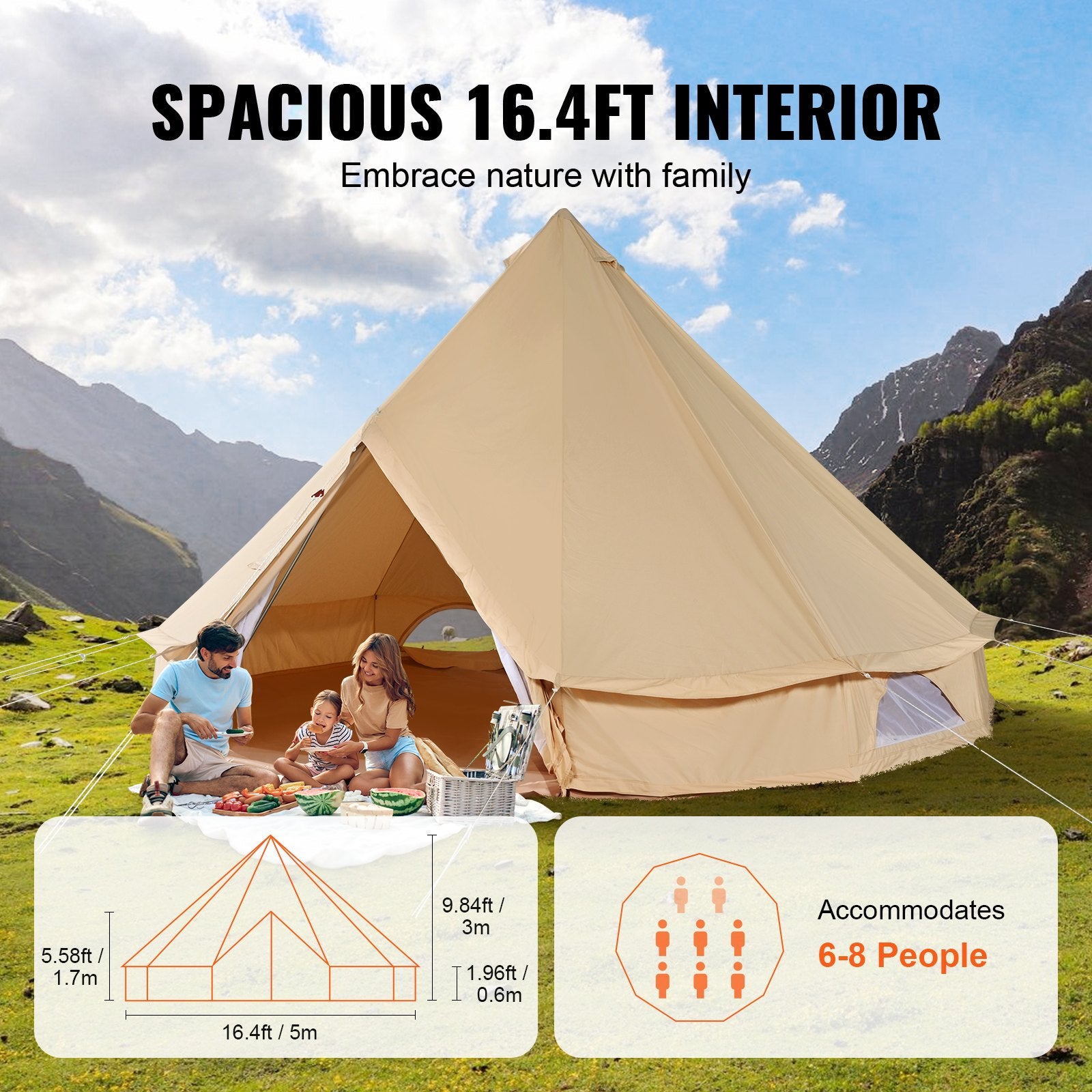 Tents: VEVOR Canvas Bell Tent 5m/16.4ft 4-Season Camping Yurt Tent with Stove Jack