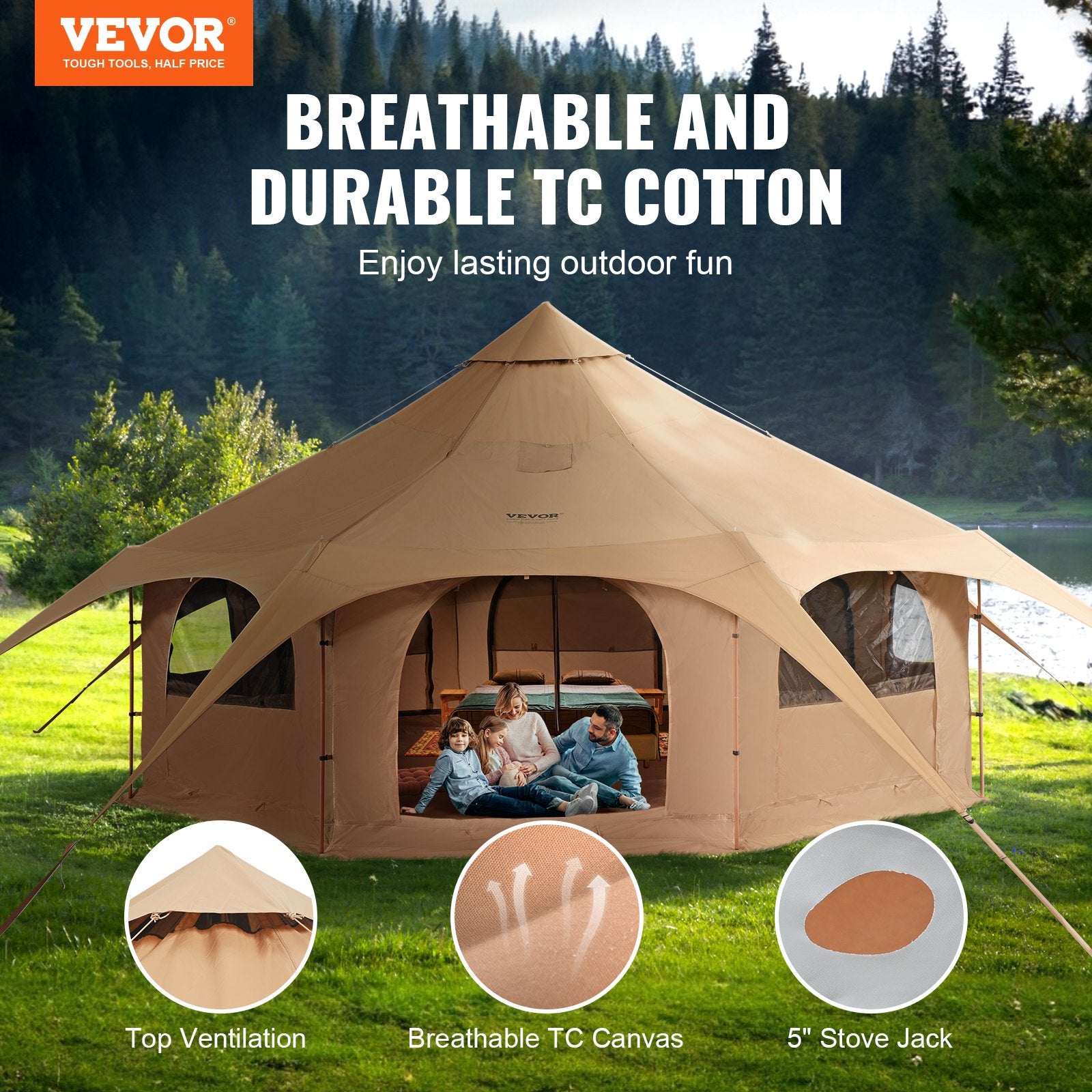 Tents: VEVOR Canvas Tent 4 Seasons 5 m/16.4 ft Bell Tent for Camping with Stove Jack