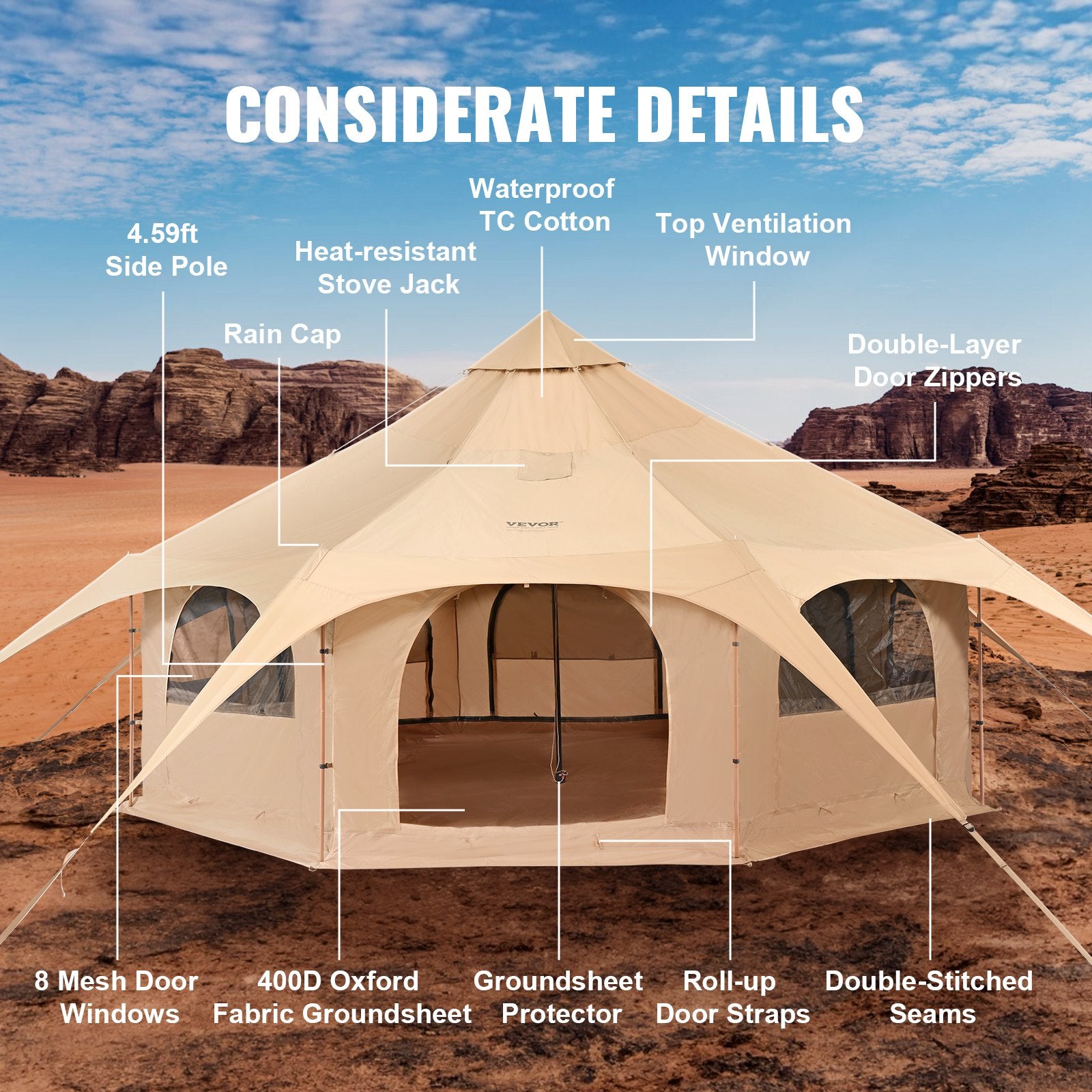 Tents: VEVOR Canvas Tent 4 Seasons 5 m/16.4 ft Bell Tent for Camping with Stove Jack