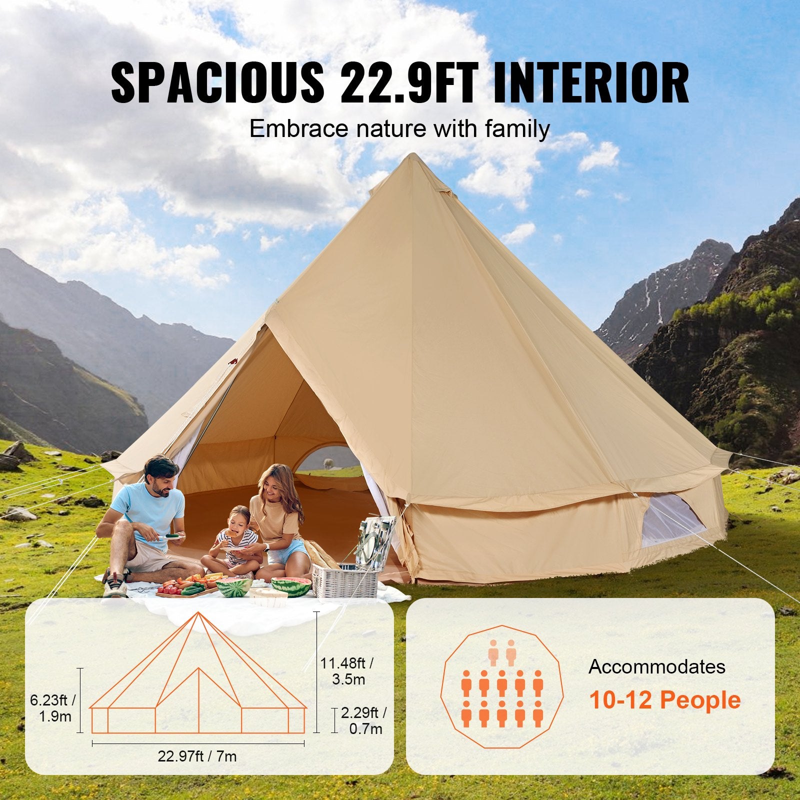 Tents: VEVOR Canvas Bell Tent, 4 Seasons 7 m/22.97 ft Yurt Tent, Canvas Tent for Camping with Stove Jack, Breathable Tent Holds up to 12 People, Family Camping Outdoor Hunting Party