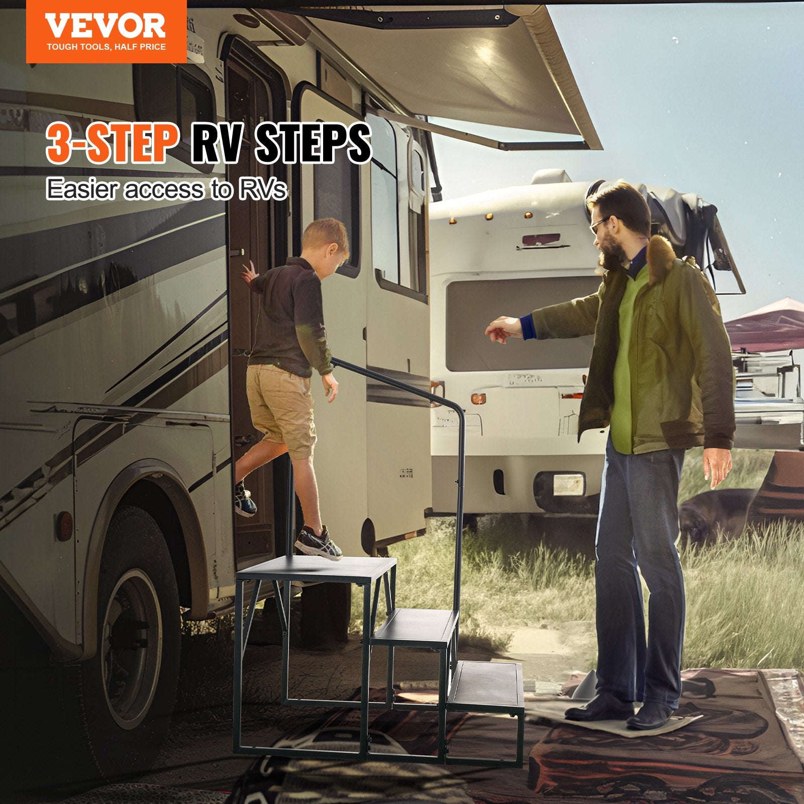 Mobility & Accessibility: VEVOR RV Steps, 3-Step RV Stairs, 199.58KGS  Load Capacity, Thickened Carbon Steel, With Handrail, Non-Slip Steps for Safe Entry and Exit, Suit for RV, Trailer, Camper Steps
