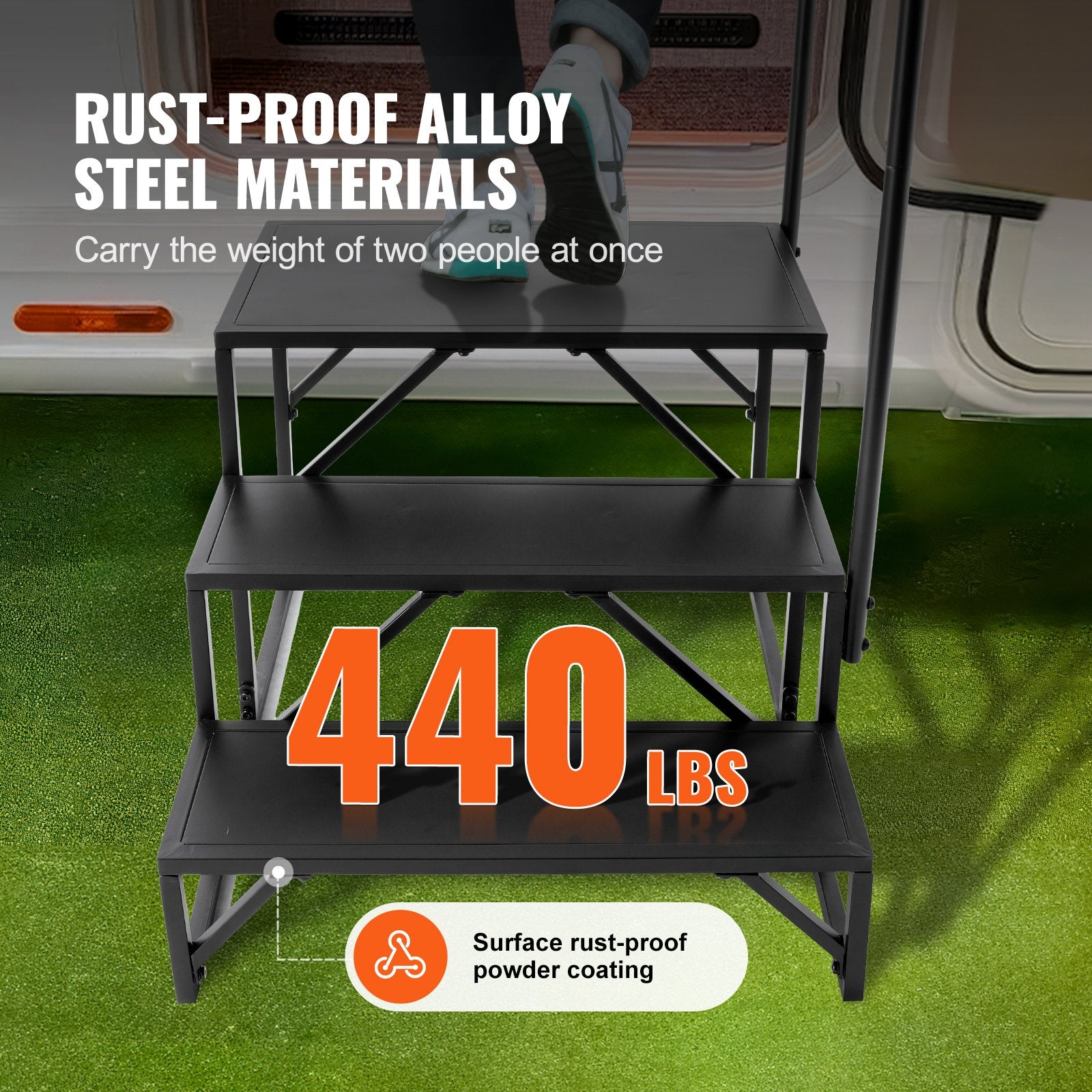 Mobility & Accessibility: VEVOR RV Steps, 3-Step RV Stairs, 199.58KGS  Load Capacity, Thickened Carbon Steel, With Handrail, Non-Slip Steps for Safe Entry and Exit, Suit for RV, Trailer, Camper Steps