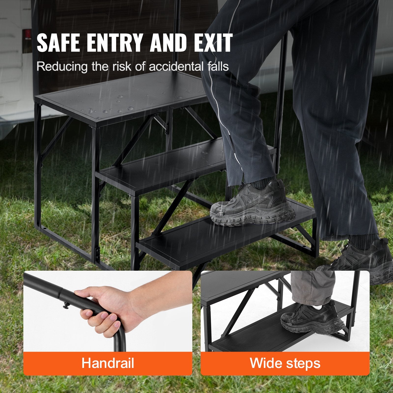 Mobility & Accessibility: VEVOR RV Steps, 3-Step RV Stairs, 199.58KGS  Load Capacity, Thickened Carbon Steel, With Handrail, Non-Slip Steps for Safe Entry and Exit, Suit for RV, Trailer, Camper Steps