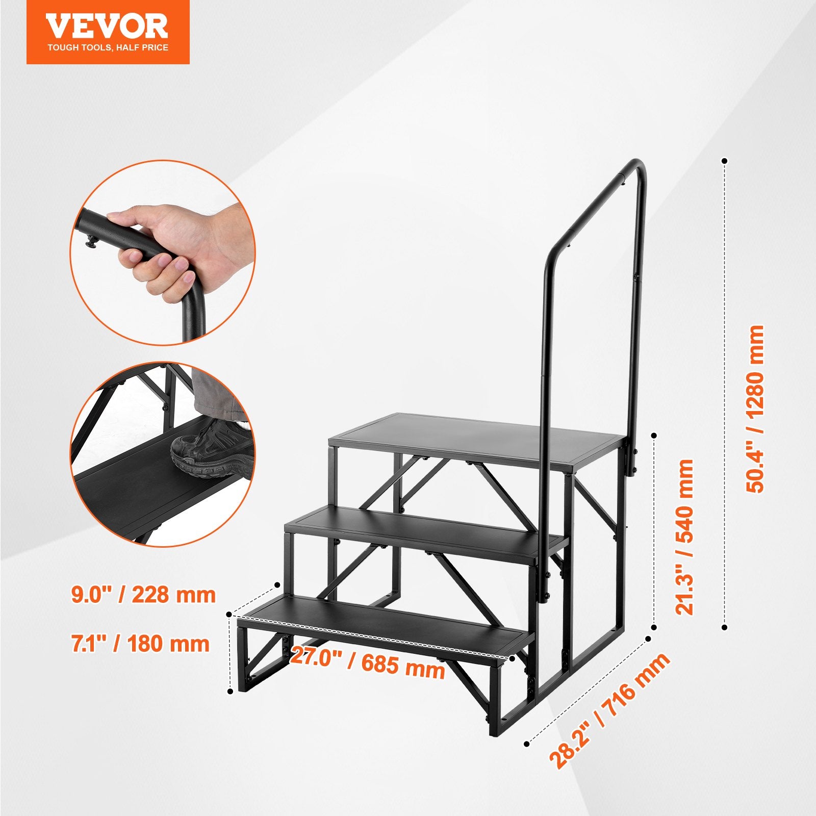 Mobility & Accessibility: VEVOR RV Steps, 3-Step RV Stairs, 199.58KGS  Load Capacity, Thickened Carbon Steel, With Handrail, Non-Slip Steps for Safe Entry and Exit, Suit for RV, Trailer, Camper Steps