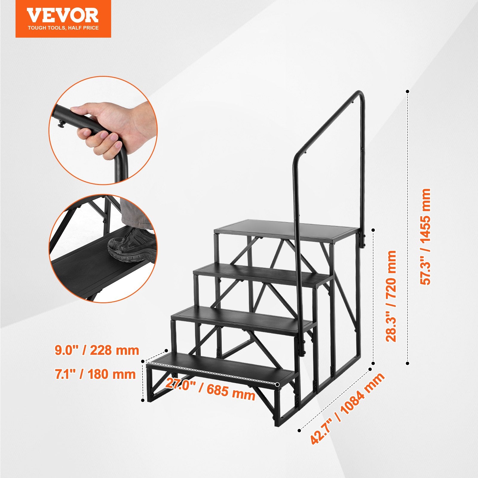 Mobility & Accessibility: VEVOR RV Steps, 4-Step RV Stairs, 199.58KGS Load Capacity, Thickened Carbon Steel, With Handrail, Non-Slip Steps for Safe Entry and Exit, Suit for RV, Trailer, Camper Steps