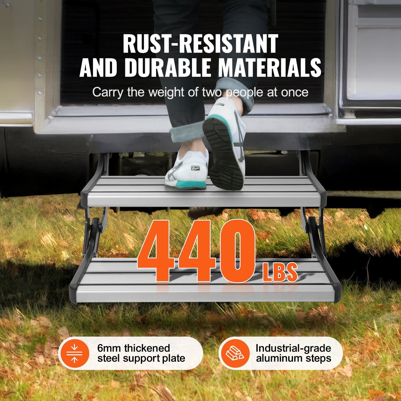 RV Steps, 2-Step, Manual Retractable RV Stairs, Foldable, 440 LBS Load Capacity, Aluminum Alloy Steps, Thickened Steel Plate, Non-Slip Steps for Safe Entry and Exit, RV, Trailer, Camper Steps