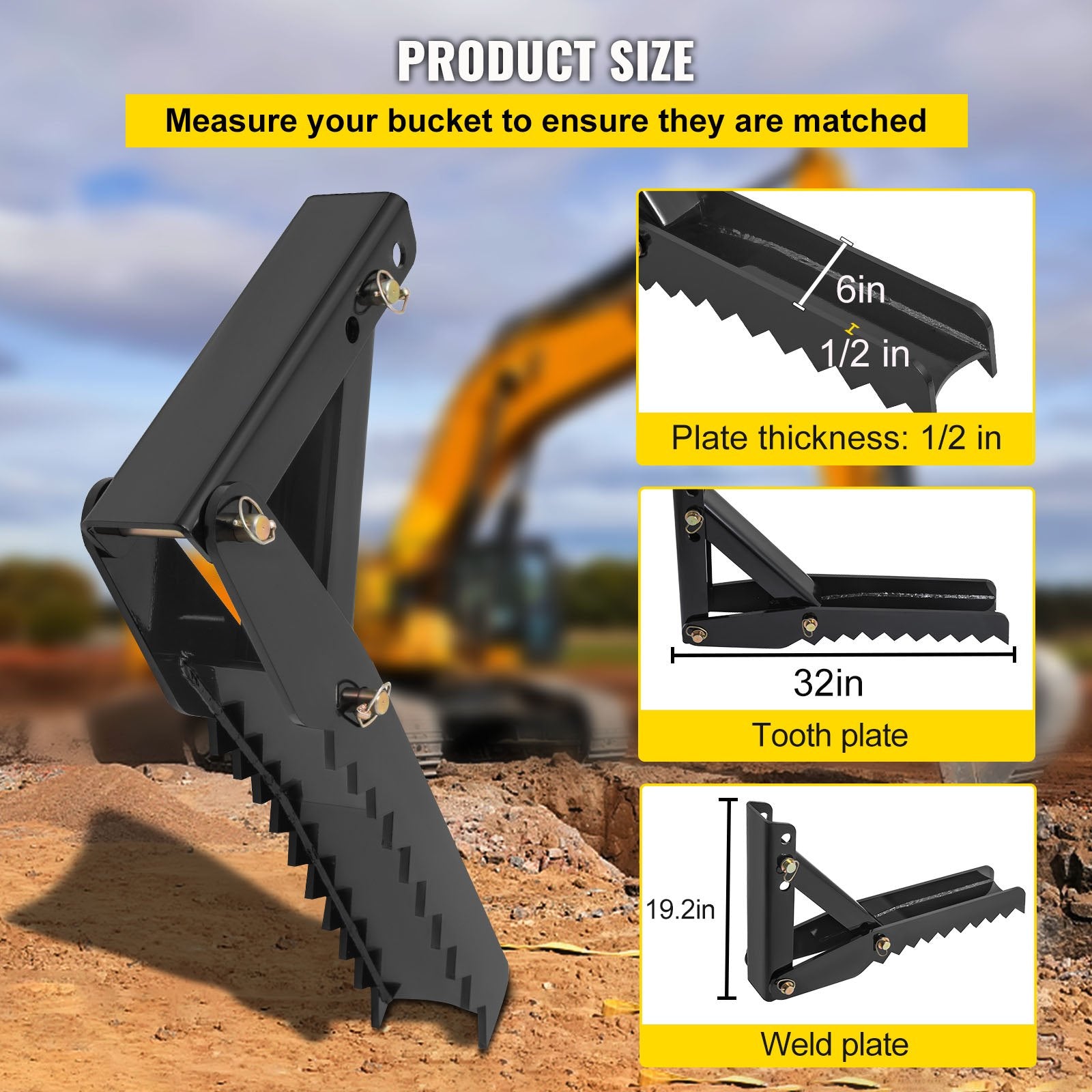 32 inch Backhoe Excavator Thumb Attachments Weld On Adjustable Boom Tractor Excavator 1/2Inch Teeth Thick Steel Plate Assembly 12MM Bolt-On Design