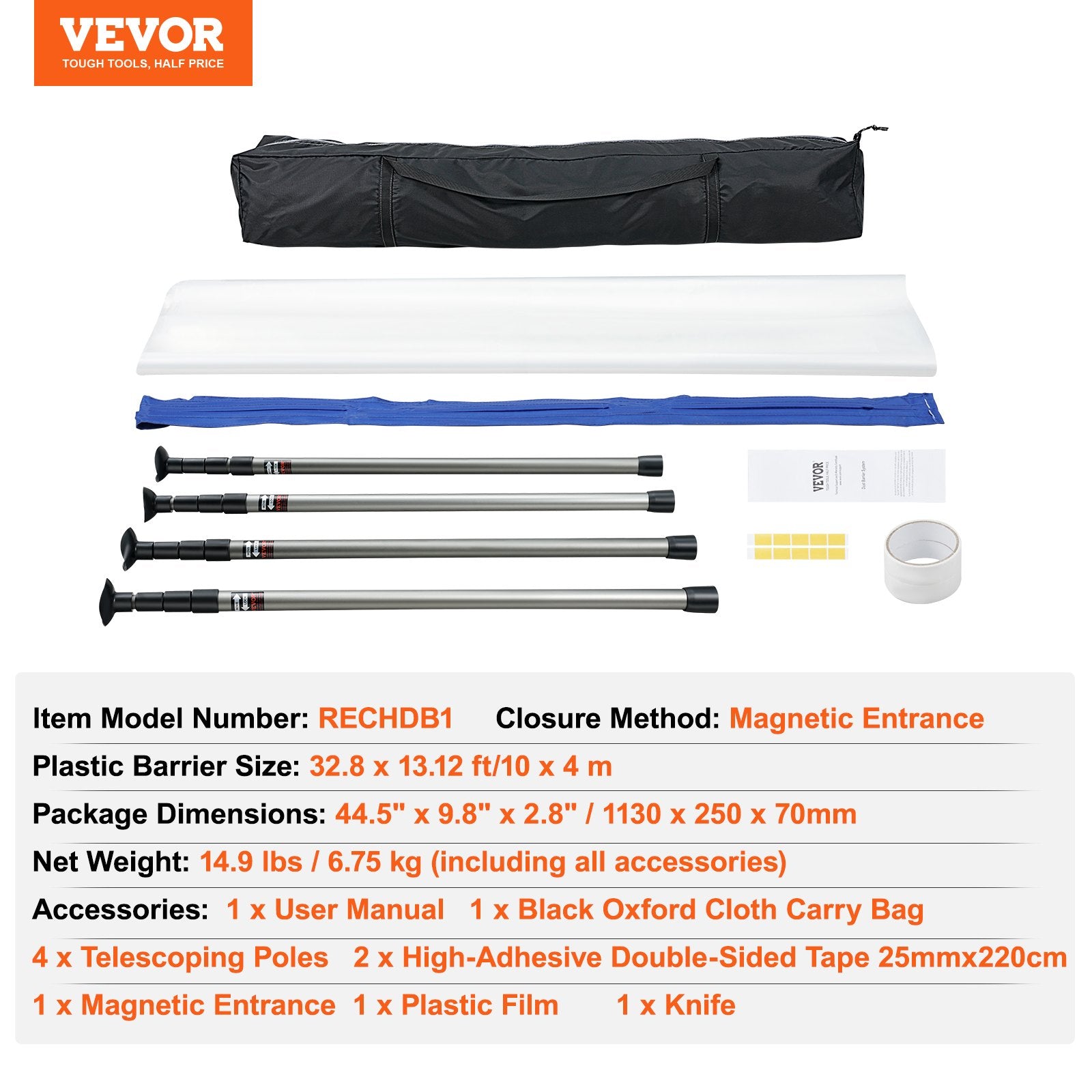Tents: VEVOR Dust Barrier Poles, 10 Ft Barrier Poles, Dust Barrier System with 4 Telescoping Poles, Magnetic Zipper, Carry Bag and 32.8x13.12 Ft Plastic Film, for Interior Decoration, Painting